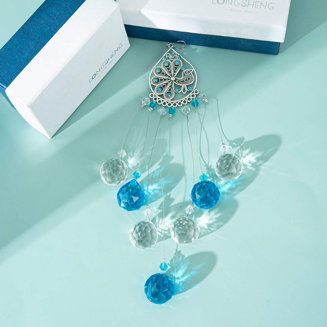 Light Blue Crystal Prisms Ball Suncatcher - Rainbow Maker Window Decor, Feng Shui Ornament & Healing Pendant Gift for Home, Office, Meditation Room - Creates Beautiful Rainbows for Relaxation & Positive Energy