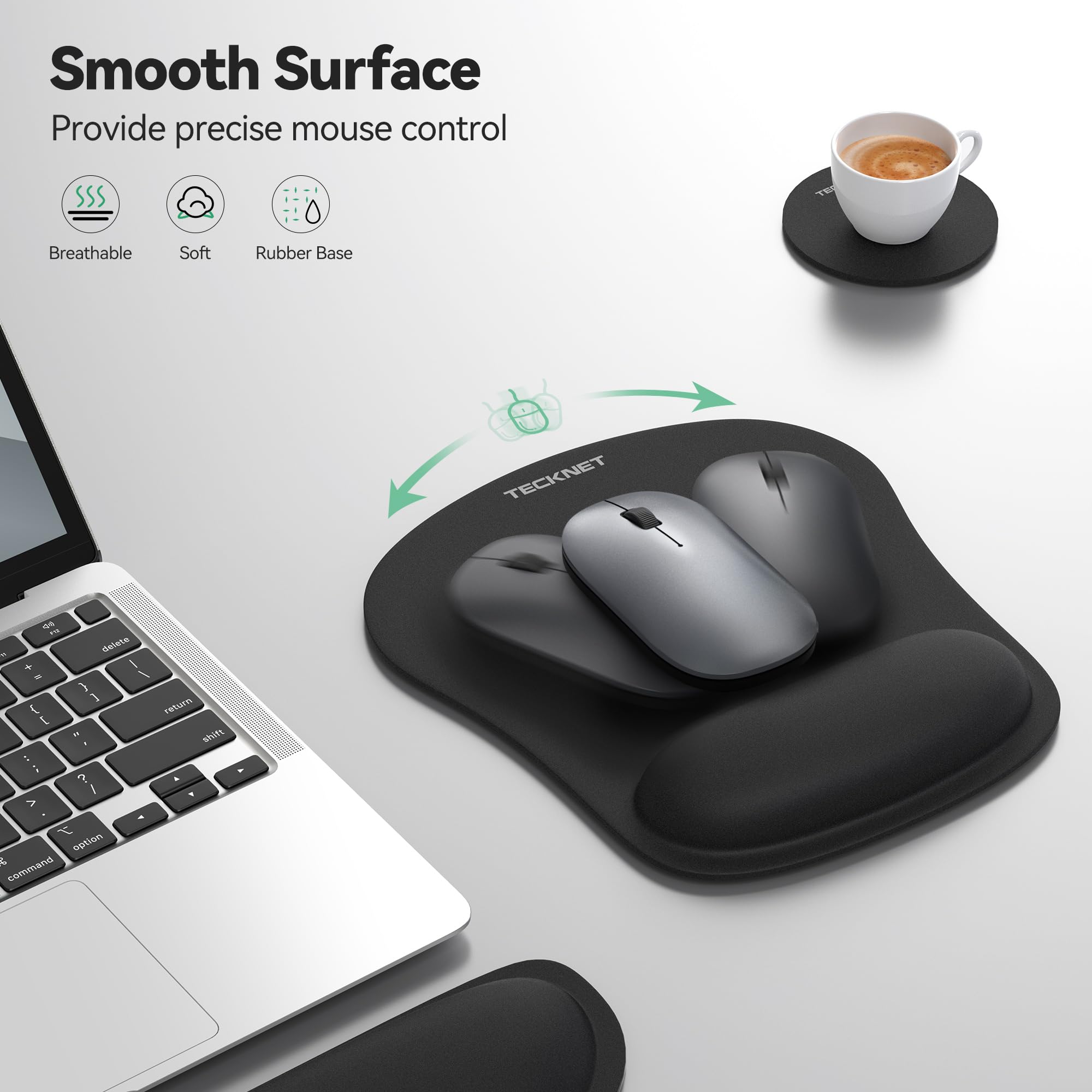 TECKNET 3-in-1 Memory Foam Mouse Pad with Wrist Rest & Keyboard Pad Set - Ergonomic Desk Mat for Office, Gaming, Laptop & Computer Work - Comfortable Mousepads & Wrist Support for Long Hours Typing and PC Use