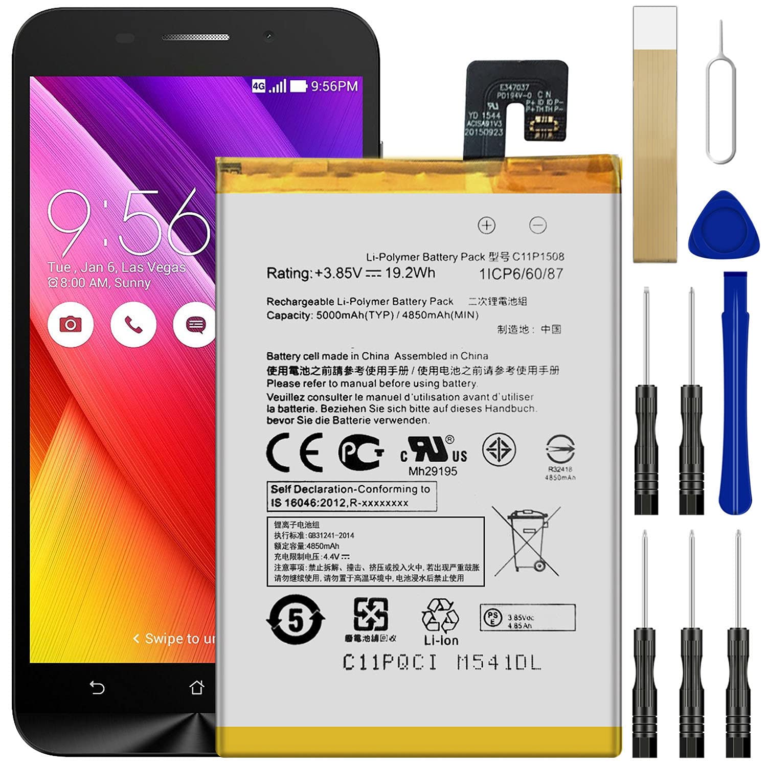 Replacement Battery for ASUS ZenFone Max ZC550KL Z010DA & Max Z010D - Compatible with C11P1508 Battery | Includes Adhesive Tape & Repair Tools Kit | Perfect for Battery Replacement & DIY Phone Repair