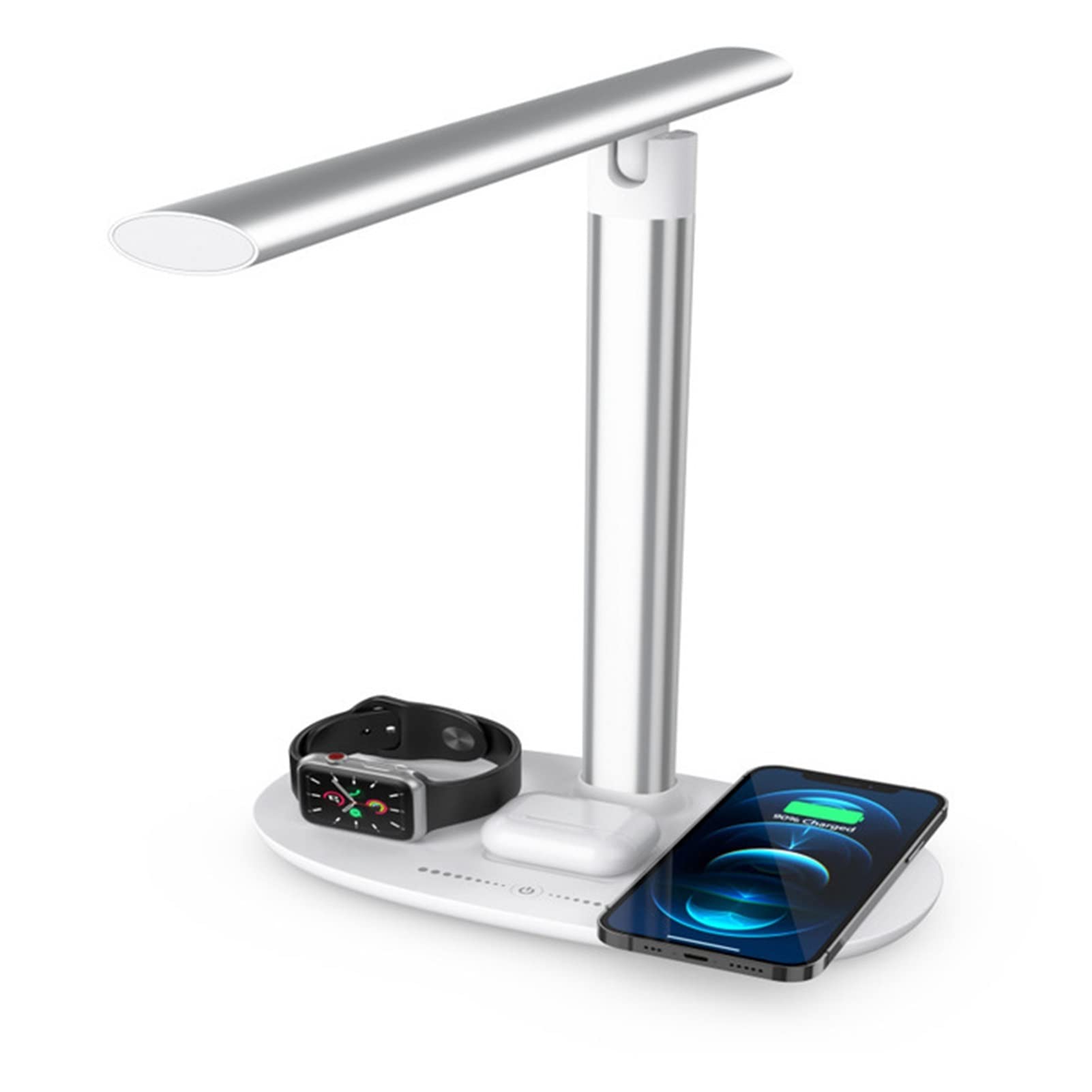 Wireless Charging LED Table Lamp with USB Output - Fast Charging for Phone, Headset & Watch, White | Perfect for Bedroom, Office & Nightstand