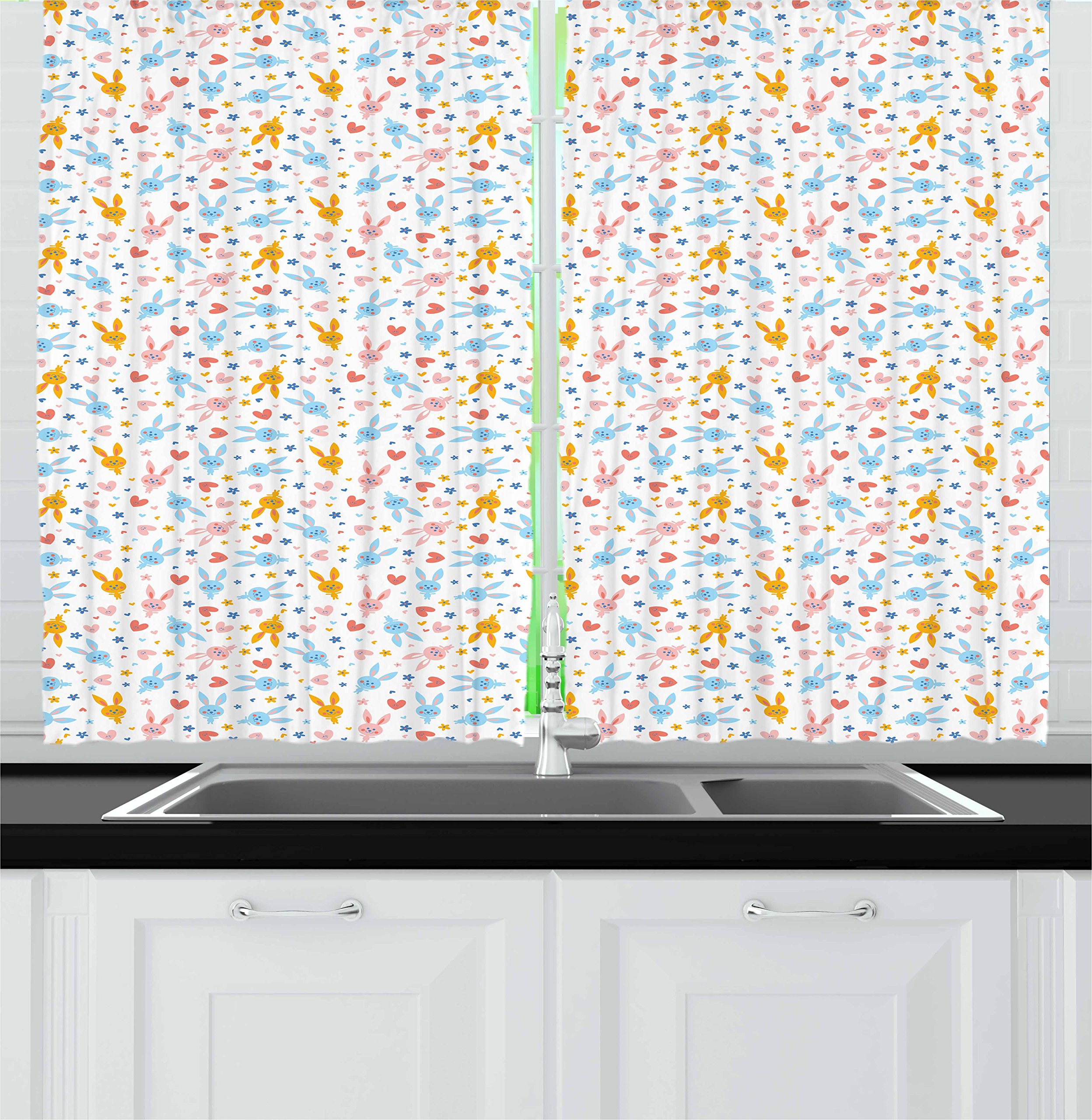 Ambesonne Pastel Kitchen Curtains - Cute Bunny Flower Heart Cartoon Design, 2 Panel Window Drapes for Kitchen & Cafe Decor, 55