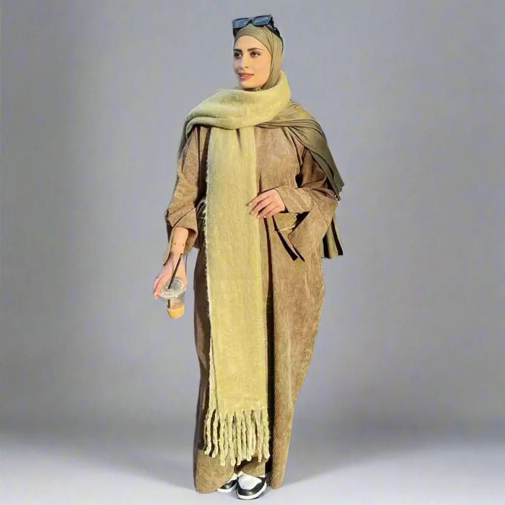 Stylish Winter Corduroy Abaya Dress for Muslim Women - Modest Islamic Fashion for Cold Weather & Special Occasions