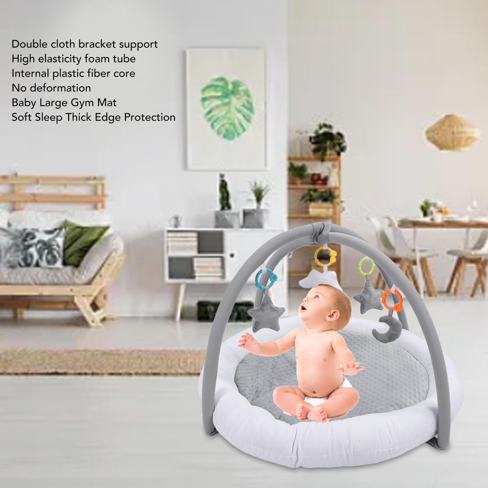 BTSEURY Baby Play Gym Mat - Soft Plush Sensory Activity Mat with 4 Toys for Newborns & Infants 0-24 Months | Thick Cotton Filling, Round Design for Tummy Time & Early Development | Perfect for Nursery, Daycare & Travel