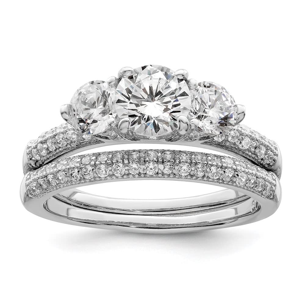 925 Sterling Silver Rhodium-Plated Cubic Zirconia 3 Stone Pave Band Ring Set - Diamond2Deal | Elegant Engagement & Wedding Jewelry for Women, Perfect for Proposals, Anniversaries and Special Occasions