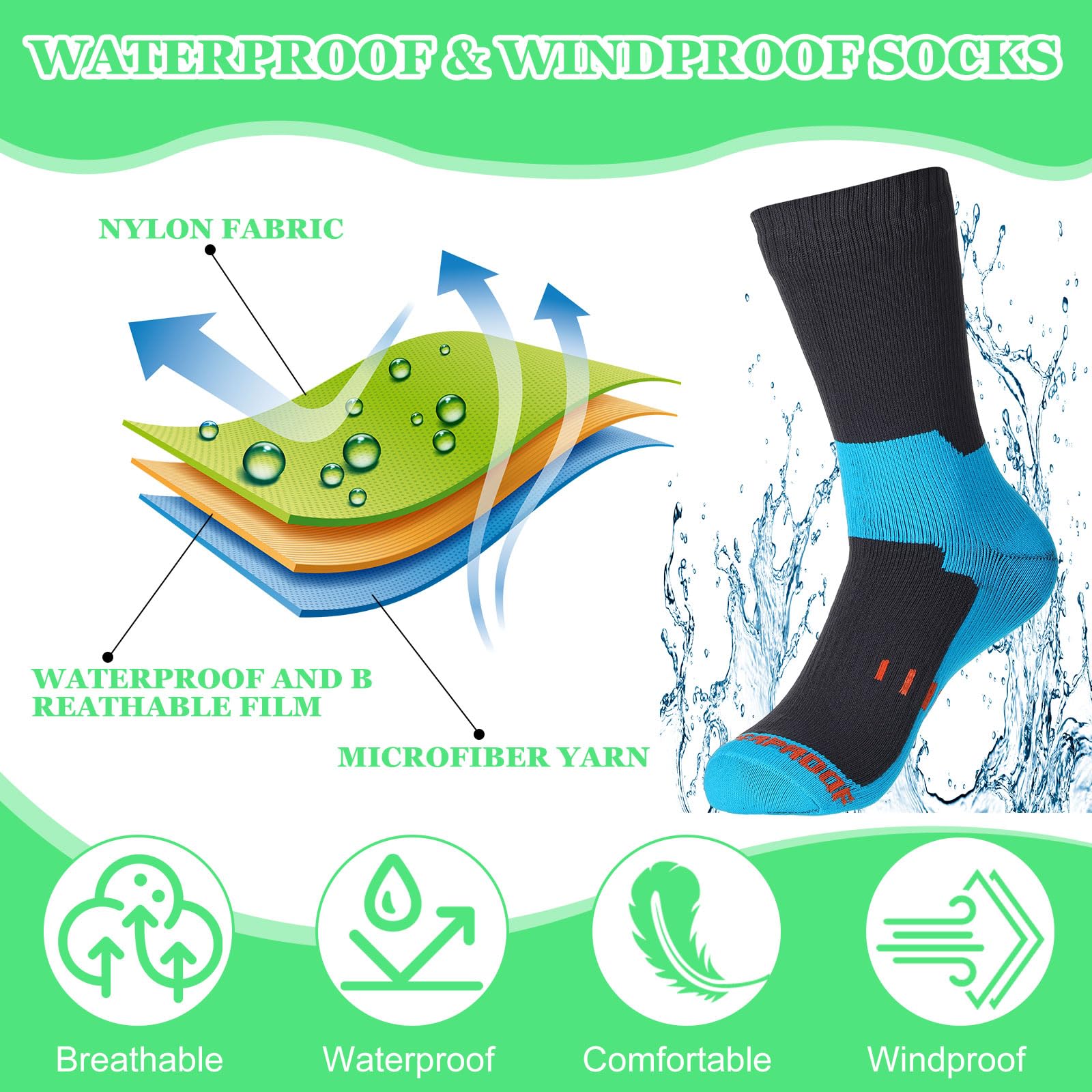 Jiuguva 4 Pairs Waterproof Socks for Men & Women - Breathable Unisex Outdoor Sports Socks for Cycling, Running, Hiking, Skiing & Water Activities - Keep Feet Dry in All Weather Conditions