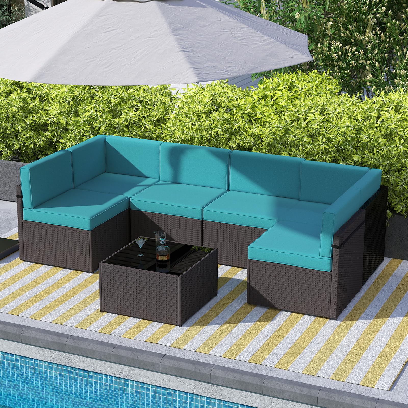 Kinbor 7-Piece Outdoor Furniture Set - Waterproof PE Wicker Patio Sofa with Cushions for Backyard, Poolside & Porch in Turquoise | Perfect for Relaxing, Entertaining & Outdoor Dining