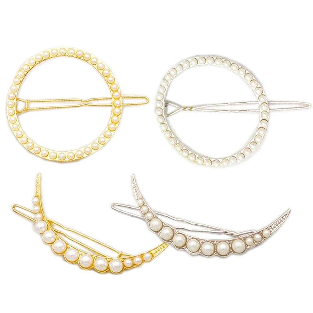 4 Pcs Pearl Hair Clips - Metal Moon Circle Shaped Frog Buckle Hairpins for Women & Girls | Barrettes Hair Accessories for Wedding, Party & Everyday Use