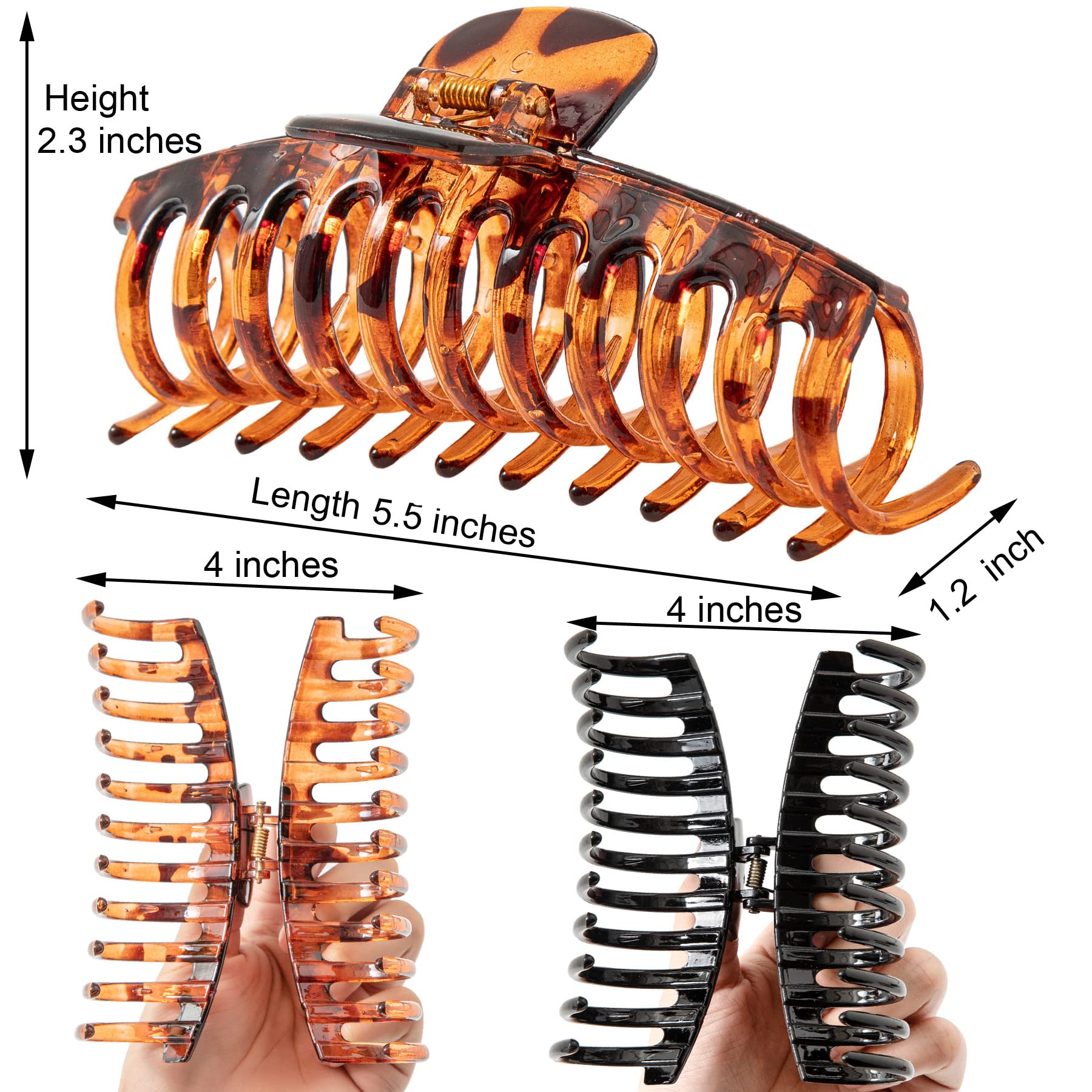 Extra Large Hair Clips for Women - 5.5 Inch Jumbo Hair Claw Clips for Long Thick Hair (2-Pack, Leopard & Black) - Perfect for Updos, Ponytails & Everyday Styling