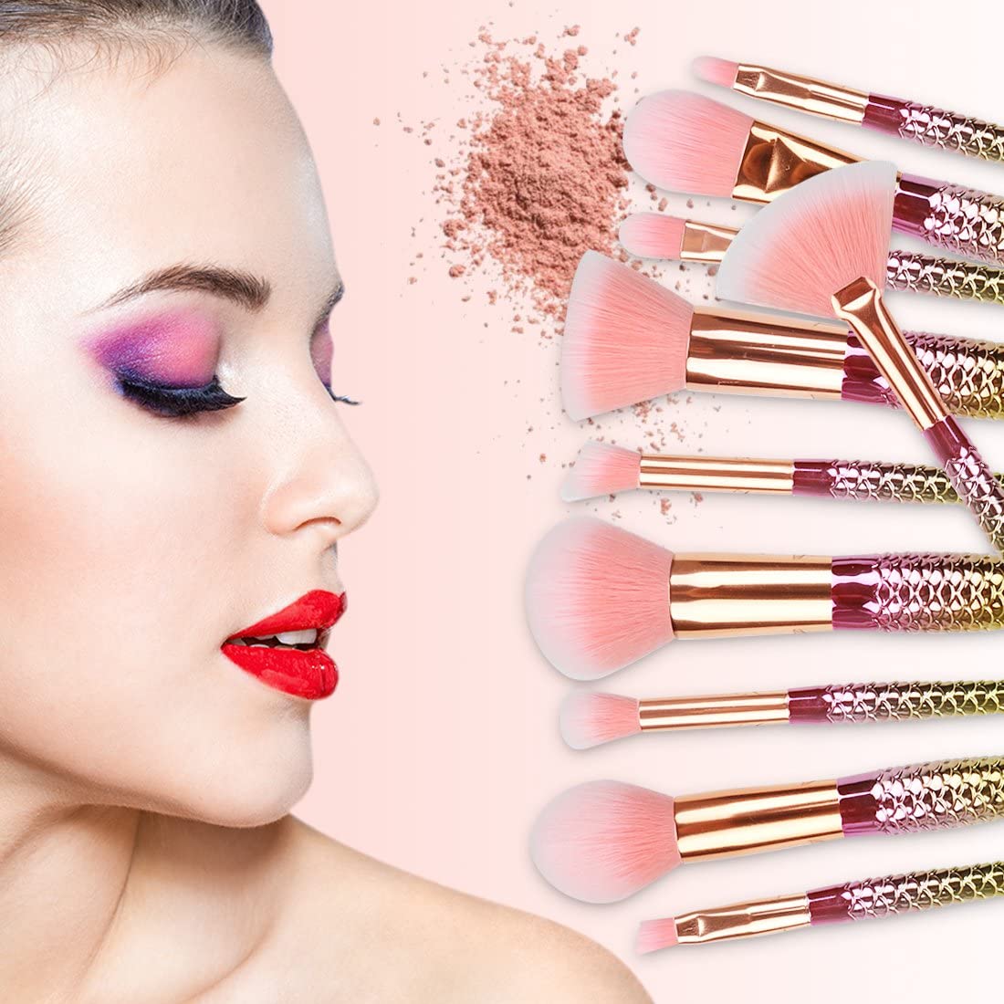 Sunaina 10-Piece Makeup Brush Set - Soft 3D Mermaid Bristles for Foundation, Blush, Powder & Face Makeup | Professional Cosmetic Brush Kit (Colors May Vary) | Perfect for Everyday Makeup, Travel & Gift Giving