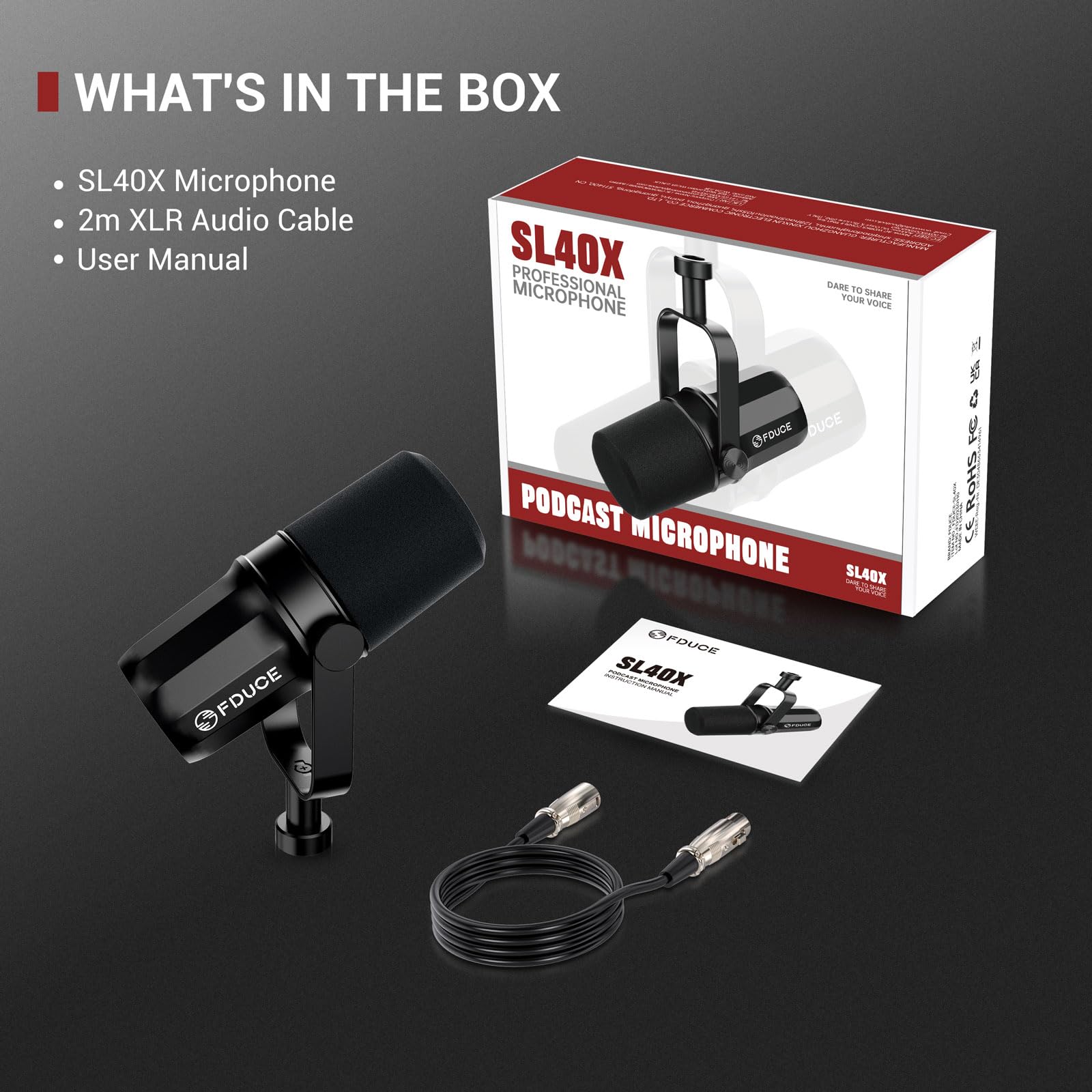 FDUCE SL40X XLR Dynamic Microphone - Professional Cardioid Mic for Vocal Recording, Podcasting, Gaming & Live Streaming | All-Metal Build with Voice-Isolating Technology | Perfect for Home Studios, YouTube Creators & Broadcasters (Black)