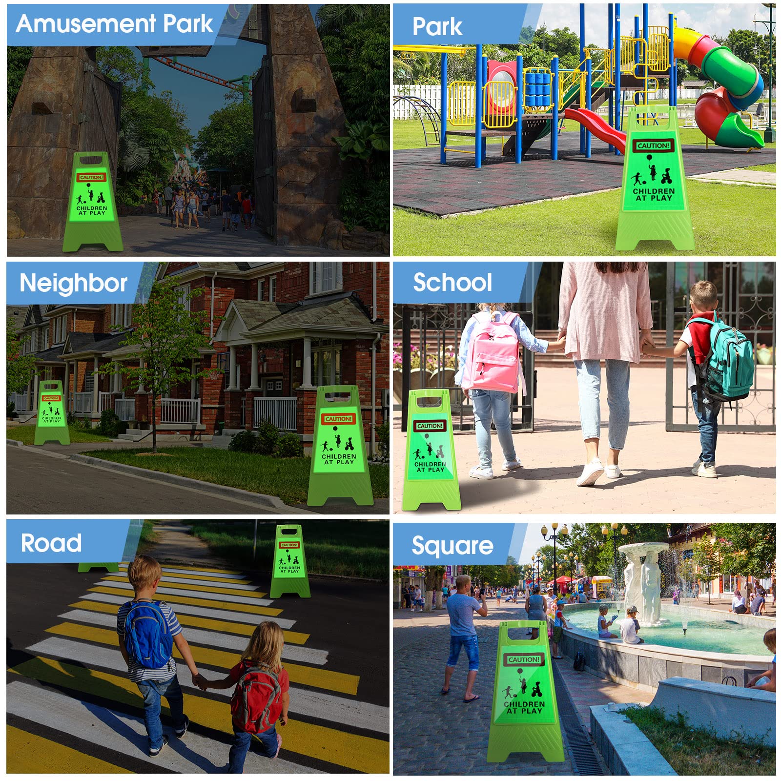 2 Pack Double-Sided 24 Inch Reflective Slow Down Kids at Play Signs - Portable Handle Safety Warning Boards for Streets, Neighborhoods, Schools & Parks - High Visibility Green for Day & Night Use - Perfect for Sidewalks, Driveways & Residential Areas