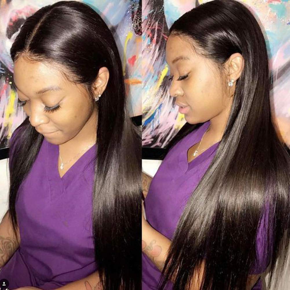 Brazilian Virgin Remy Human Hair Lace Front Wig for Black Women - 150% Density Silky Straight Glueless Wig with Baby Hair & Bleached Knots, Pre-Plucked, Natural Color, 14