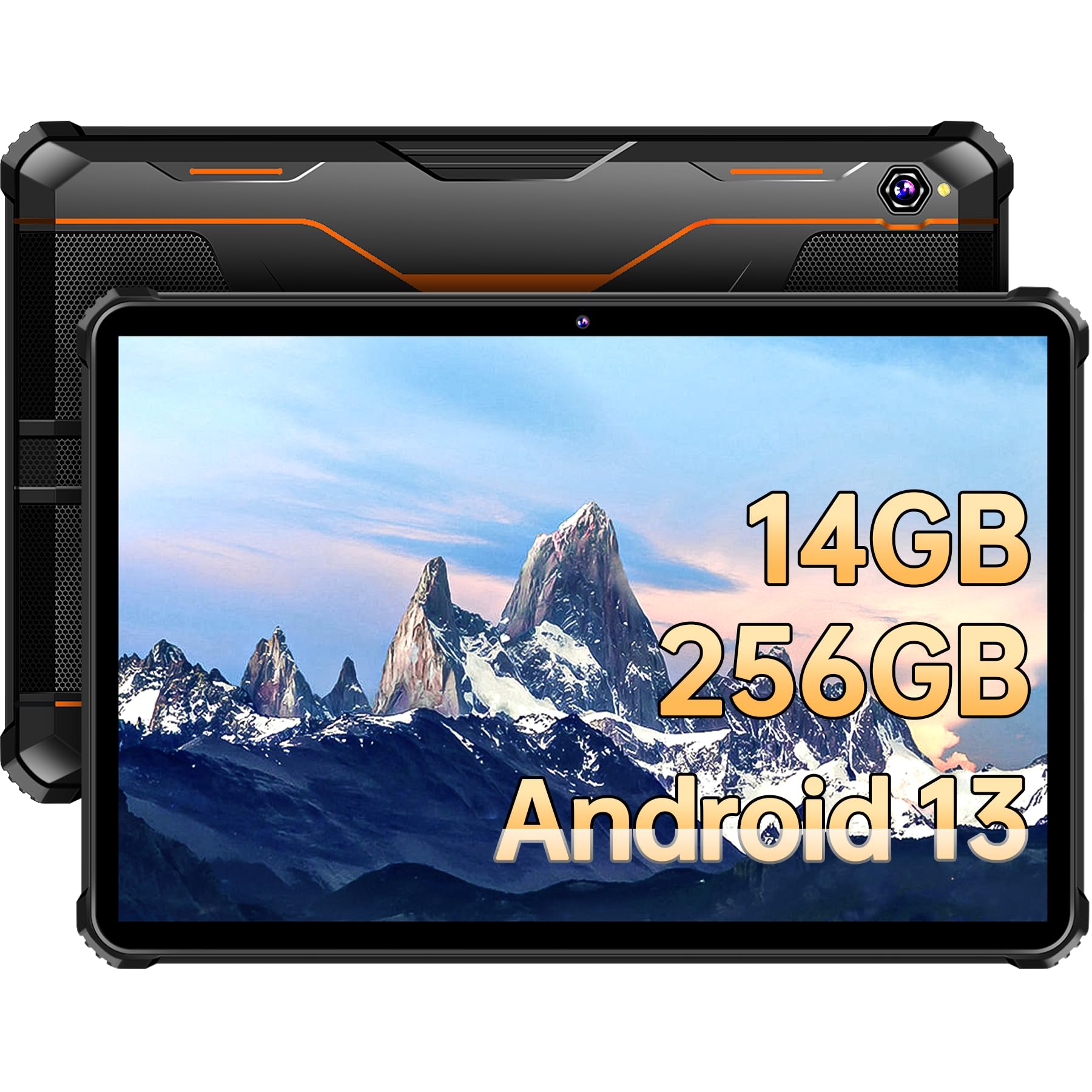 OUKITEL RT5 10.1 Inch Android 13 Tablet with 14GB RAM + 256GB ROM (Expandable to 1TB), 11000mAh Battery, 16MP Dual Camera, FHD+ 1920x1200 Display, 8-Core Processor, Dual SIM 4G, 5G Wi-Fi/GPS/OTG - Unbreakable Design in Orange - Perfect for Work, Travel, and Outdoor Adventures
