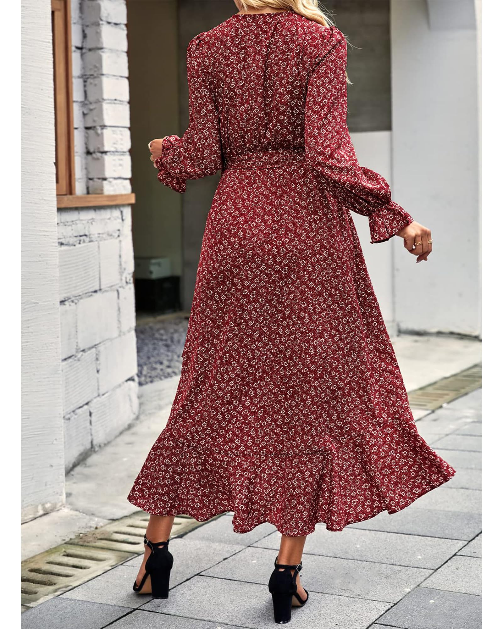 BTFBM Women's Floral Long Sleeve Boho Dress - V Neck High Waist Ruffle Summer Wedding Guest Dress for Spring & Summer 2025 | Perfect for Garden Parties, Bridal Showers & Outdoor Events