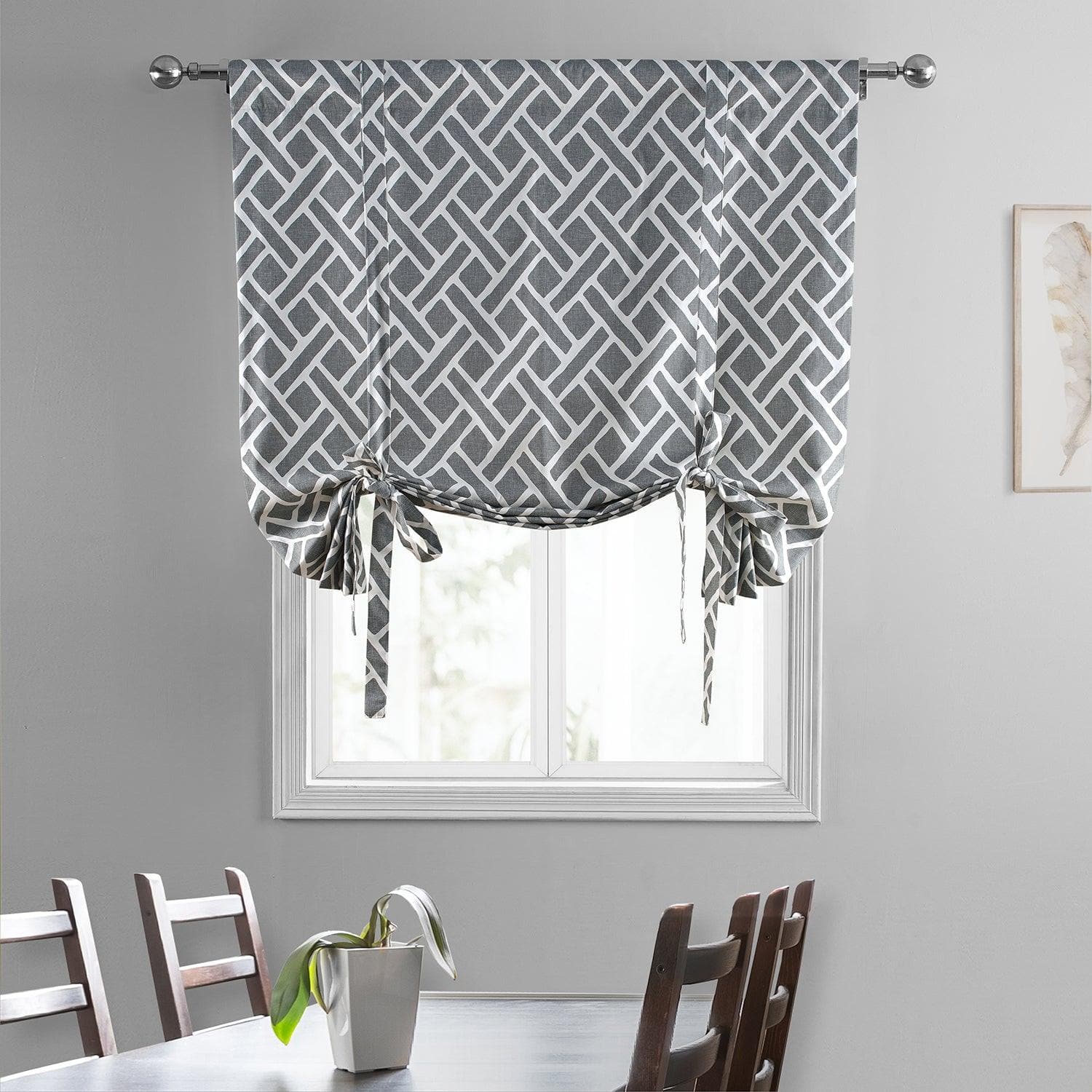 Martinique Grey Geometric Printed Cotton Blackout Window Shade - Stylish Room Darkening Tie-Up Curtain for Bedroom, Living Room & Office