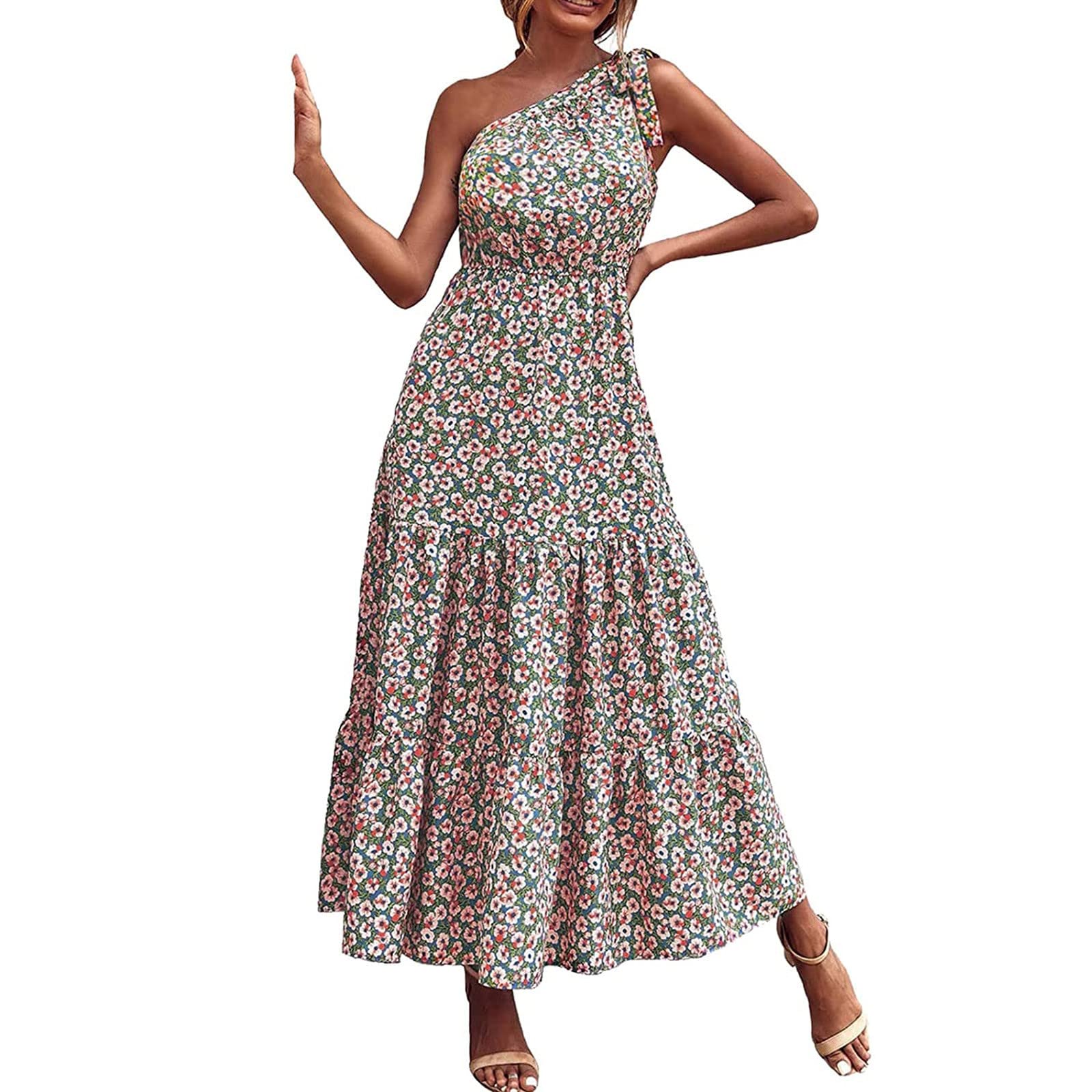 Women's Summer Maxi Dress - Boho One Shoulder Sleeveless Floral Print Dress with Smocked High Waist & Pleated Swing Design | Perfect for Beach Vacations, Music Festivals & Summer Parties