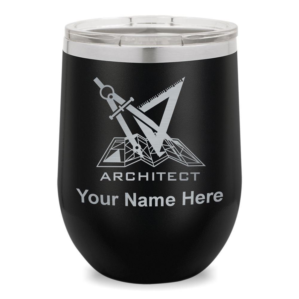 Personalized Engraved Wine Glass Tumbler with Architect Symbol - Elegant Black Drinking Cup for Wine Lovers, Gifts & Home Bar Accessories