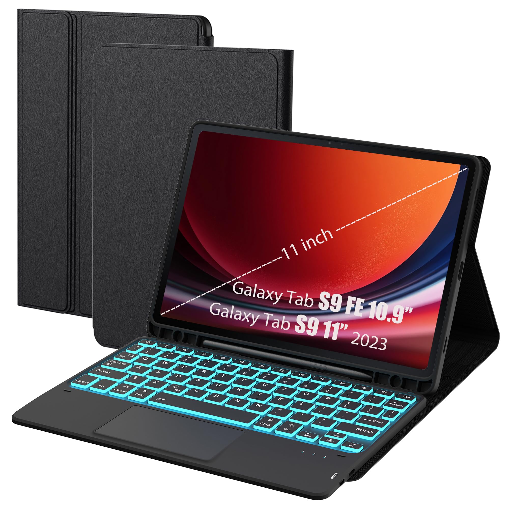 Samsung Galaxy Tab S9 11 inch / S9 FE 10.9 inch Keyboard Case - Detachable Backlit Bluetooth Keyboard Cover with Touchpad & S Pen Holder (7 Colors, Black) for Work, Study & Travel