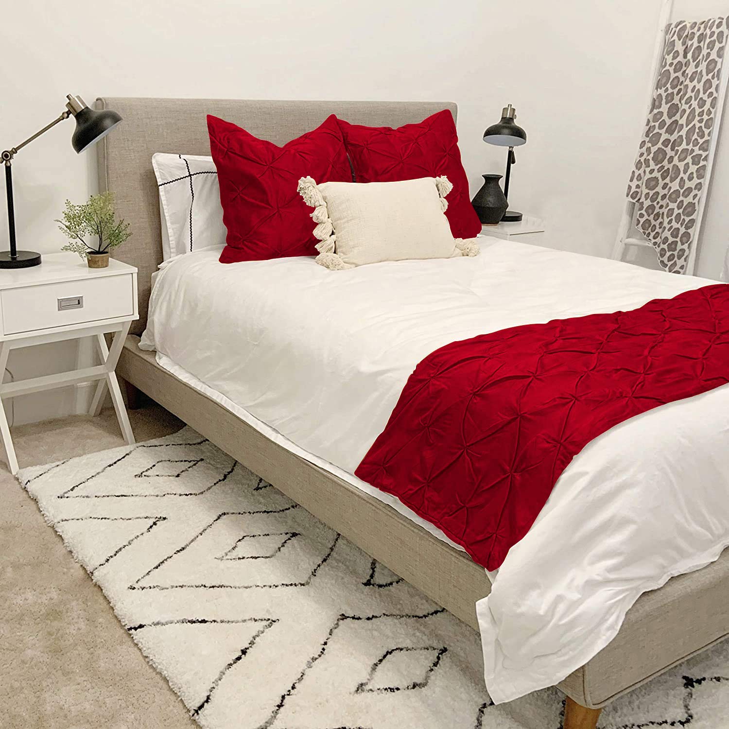 Luxury 100% Pure Cotton 800 Thread Count Pinch Pleated Bed Runner Set - Queen Size with 2 Pillow Covers (Red) - Perfect for Master Bedroom Decor, Hotel Style Bedding & Elegant Home Styling