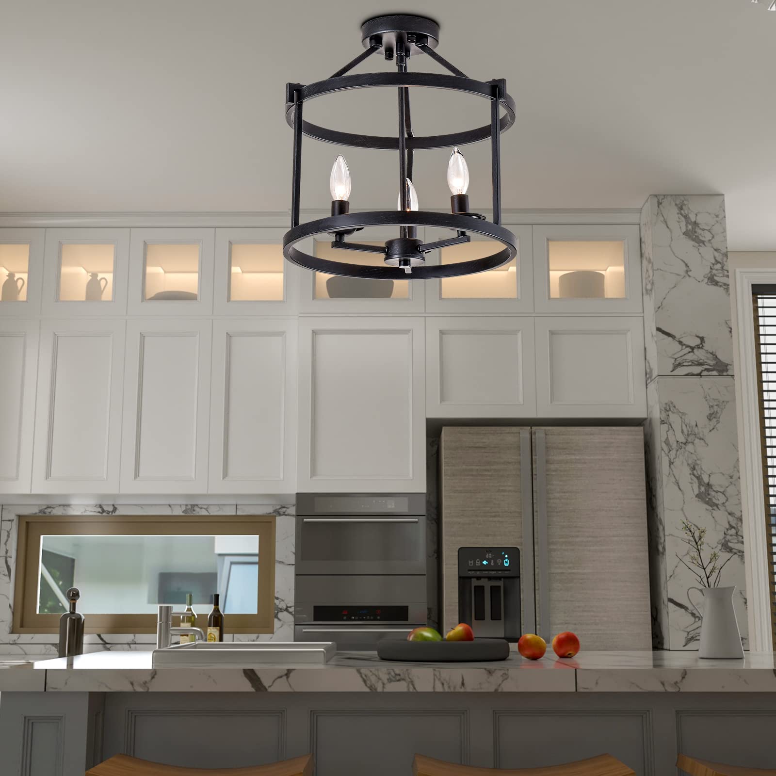 Maxax 3-Light Industrial Vintage Chandelier - Semi Flush Mount Ceiling Light Fixture with Modern Metal Candle Pendant Design - Perfect for Dining Room, Bedroom, Kitchen, Hallway & Entryway - Antique Black Finish for Classic Home Decor