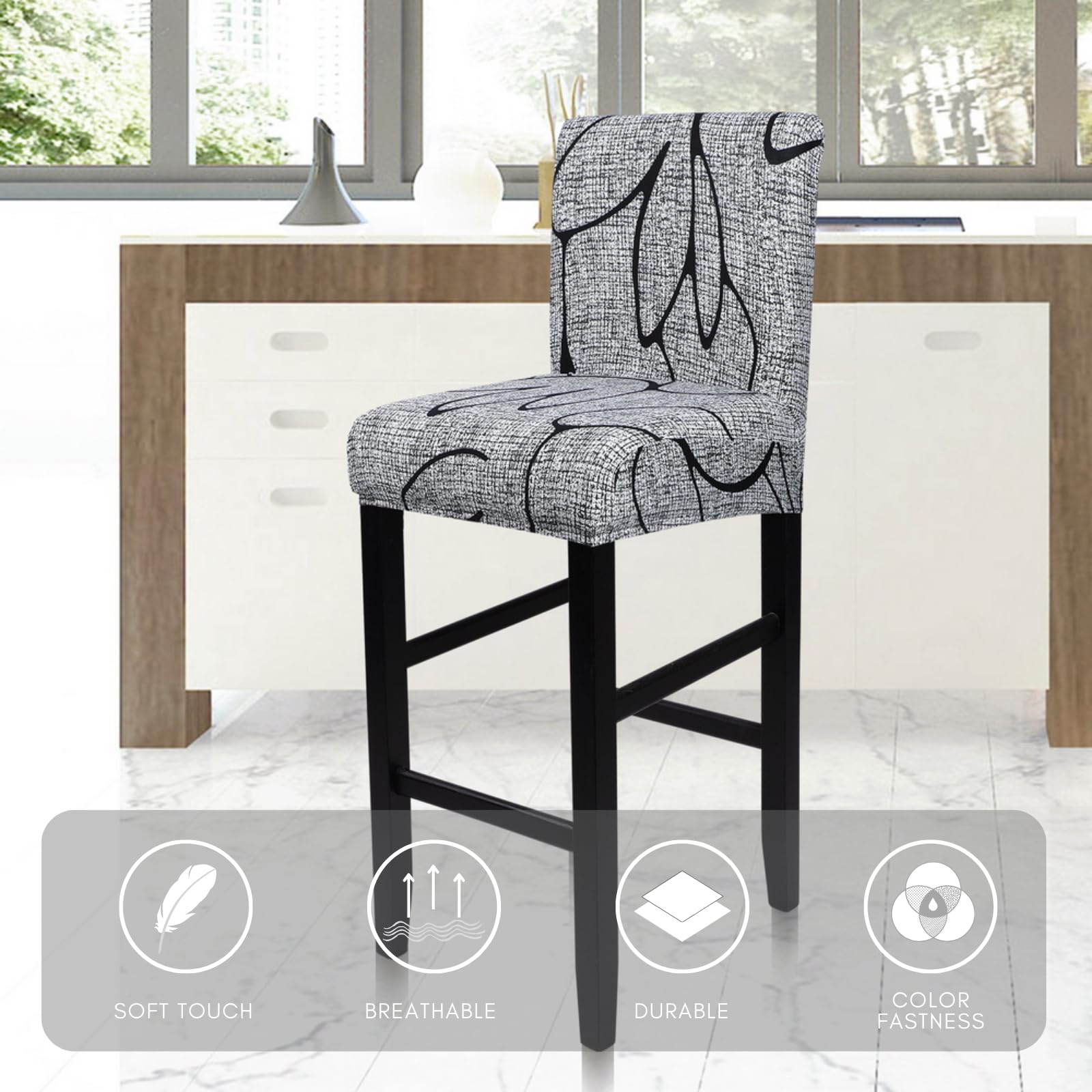Stretch Washable Bar Stool Covers Set of 4 - Grey Floral Pattern Seat Covers for Counter Height Chairs, Kitchen, Dining Room & Cafe Decor | Durable & Easy Clean Fabric for Home & Commercial Use