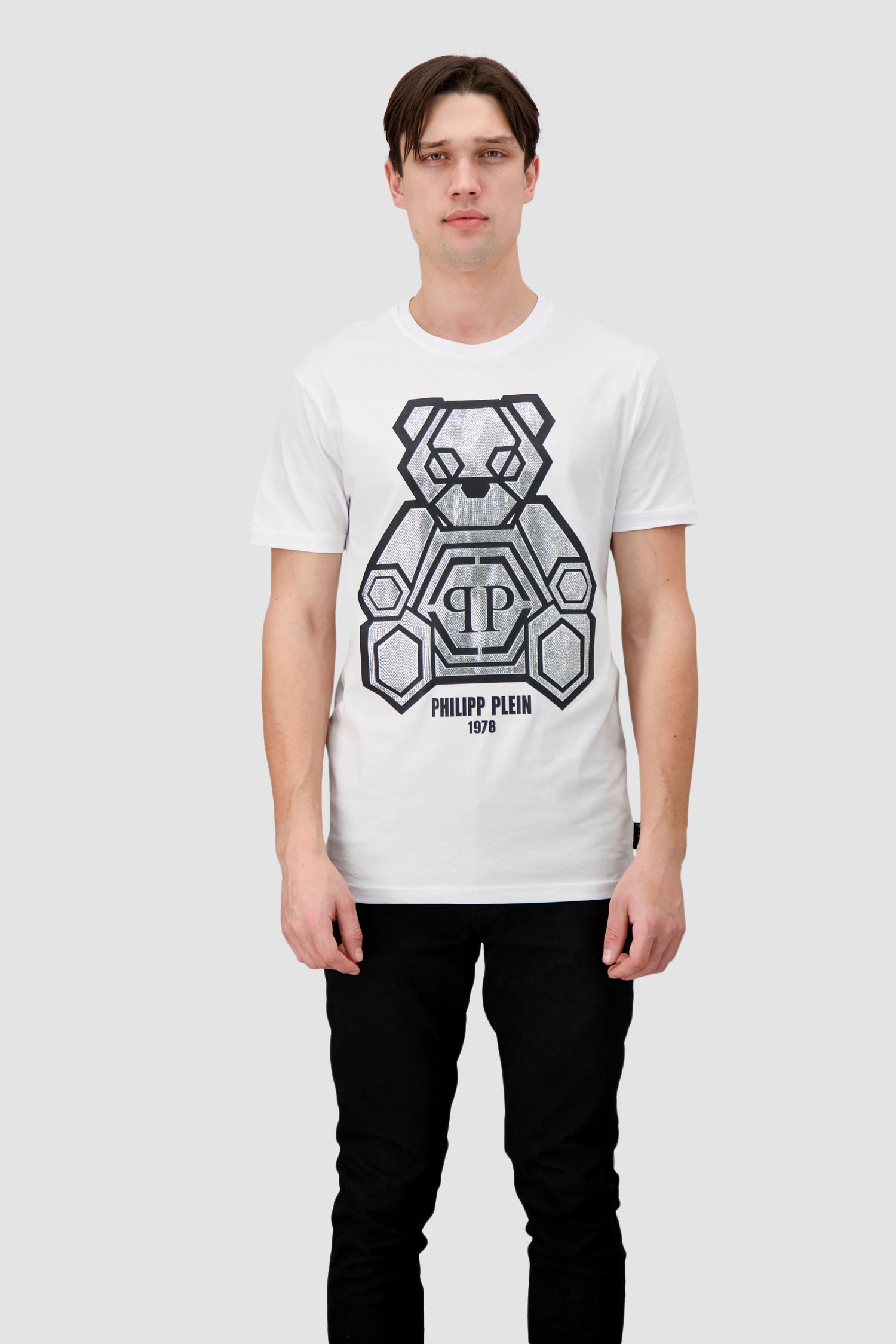 Philipp Plein White Round Neck Short Sleeve Teddy Bear Graphic T-Shirt for Men - Casual Streetwear, Summer Fashion, Gift Idea