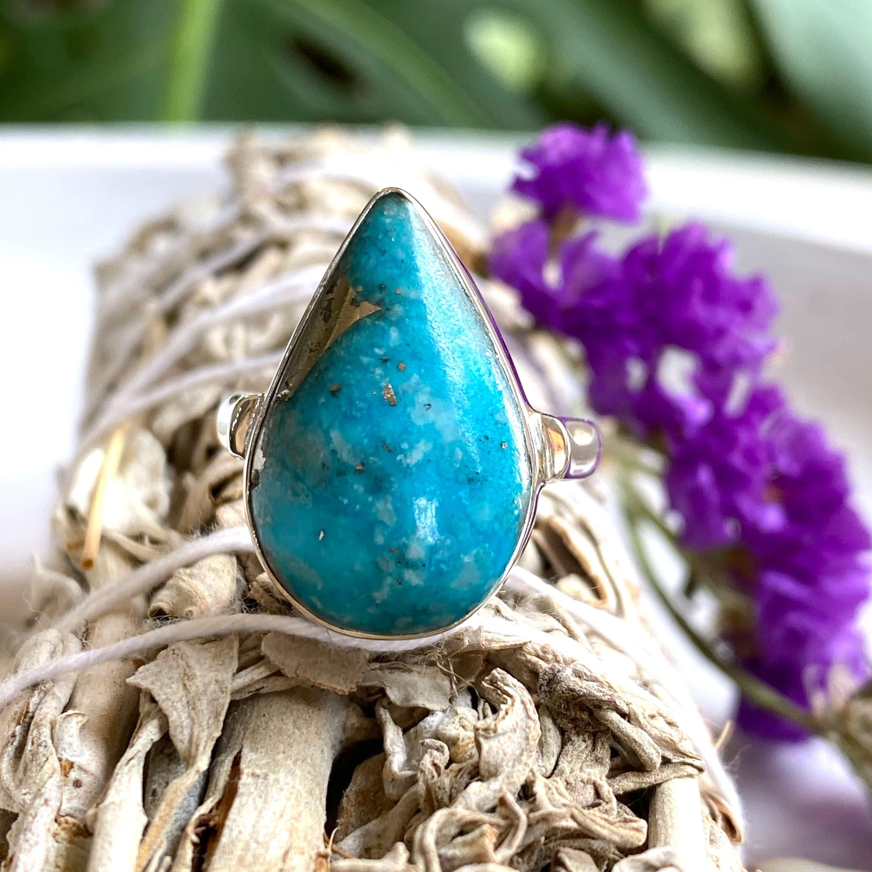Persian Turquoise with Pyrite Teardrop Ring - Size 9 - KRGJ2522 - Elegant Boho Jewelry for Women, Perfect for Weddings, Parties & Everyday Wear