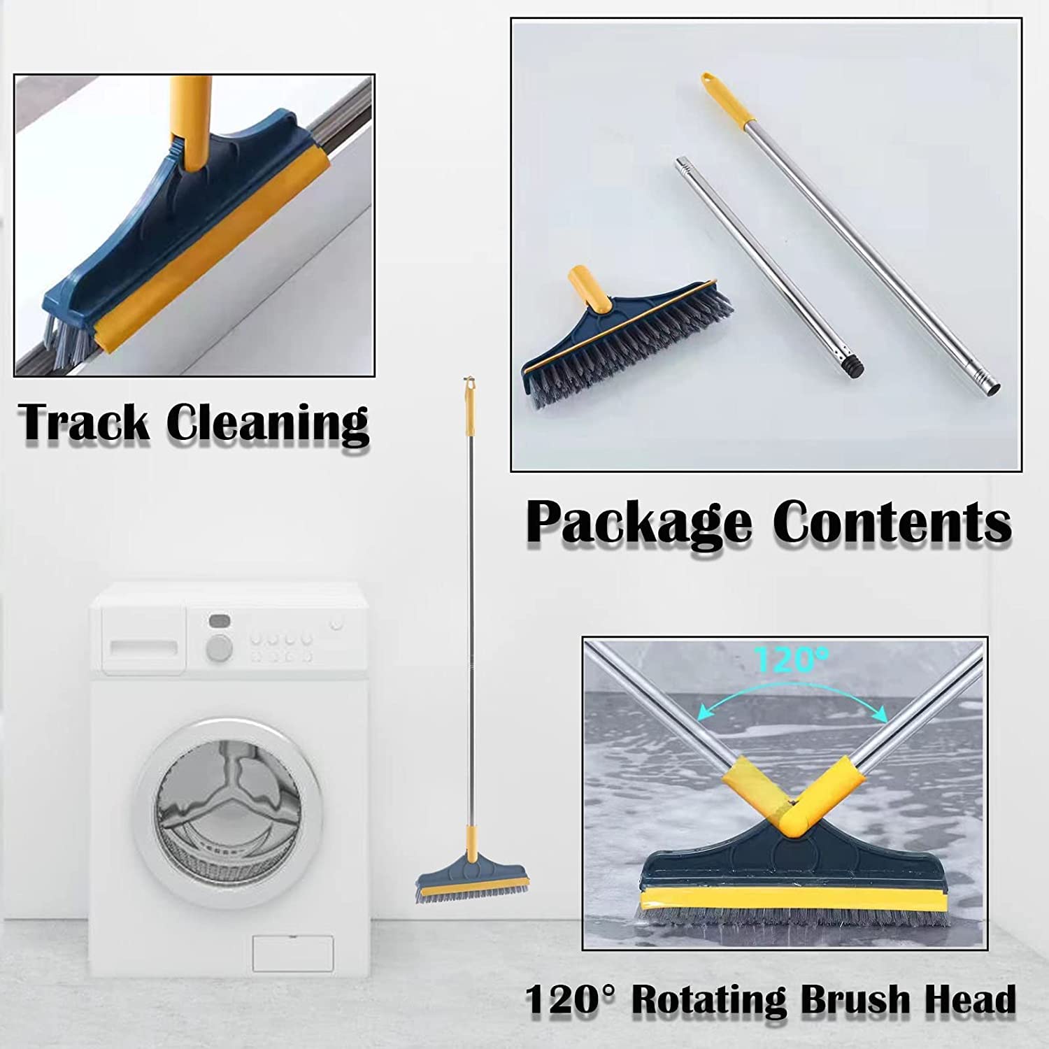 2 in 1 Floor Scrub Brush with Long Handle - Adjustable V-Shaped Cleaning Brush for Bathroom & Kitchen - 120° Rotating Removable Head & Squeegee - Perfect for Tile Floors, Grout Cleaning & Hard-to-Reach Corners