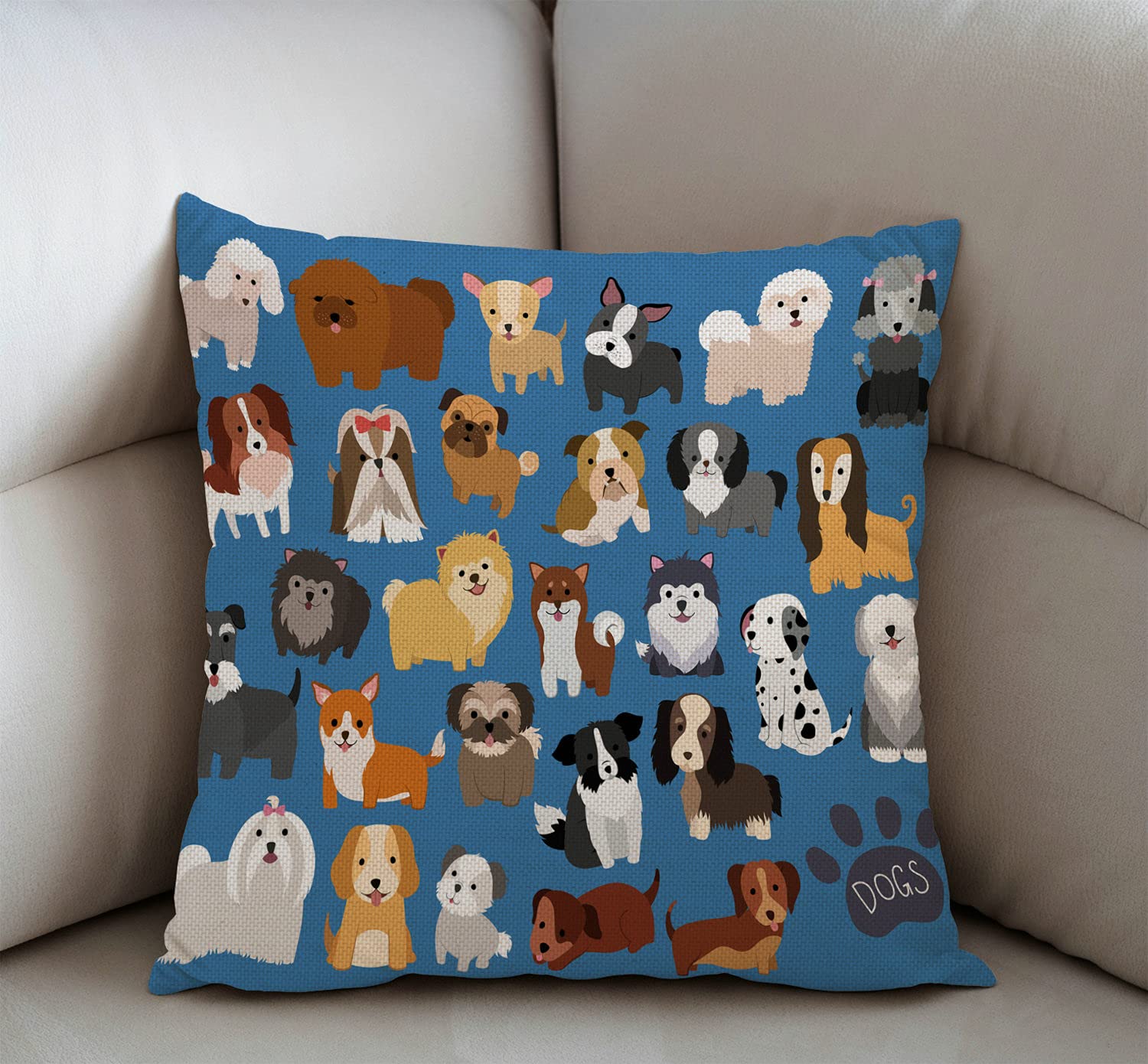Swono Cute Dog & Puppy Cotton Linen Throw Pillow Cover 18x18 Inch - Soft Decorative Cushion Case for Sofa, Couch, Bed - Perfect for Living Room, Nursery & Pet-Friendly Home Decor