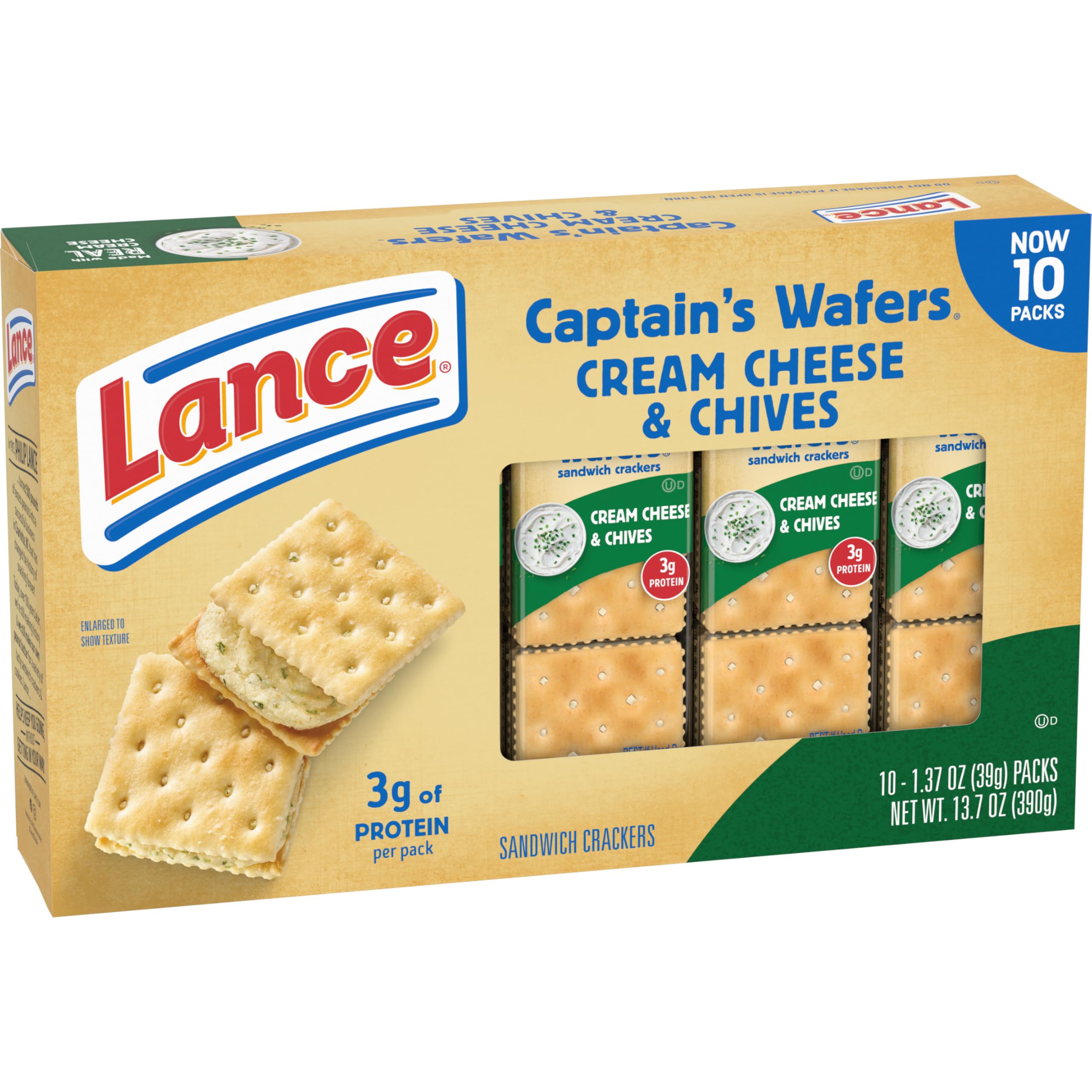 Lance Sandwich Crackers - Captain's Wafers Cream Cheese & Chives (10 Packs, 6 Sandwiches Each) | Perfect for Lunch Boxes, Office Snacks & Road Trips