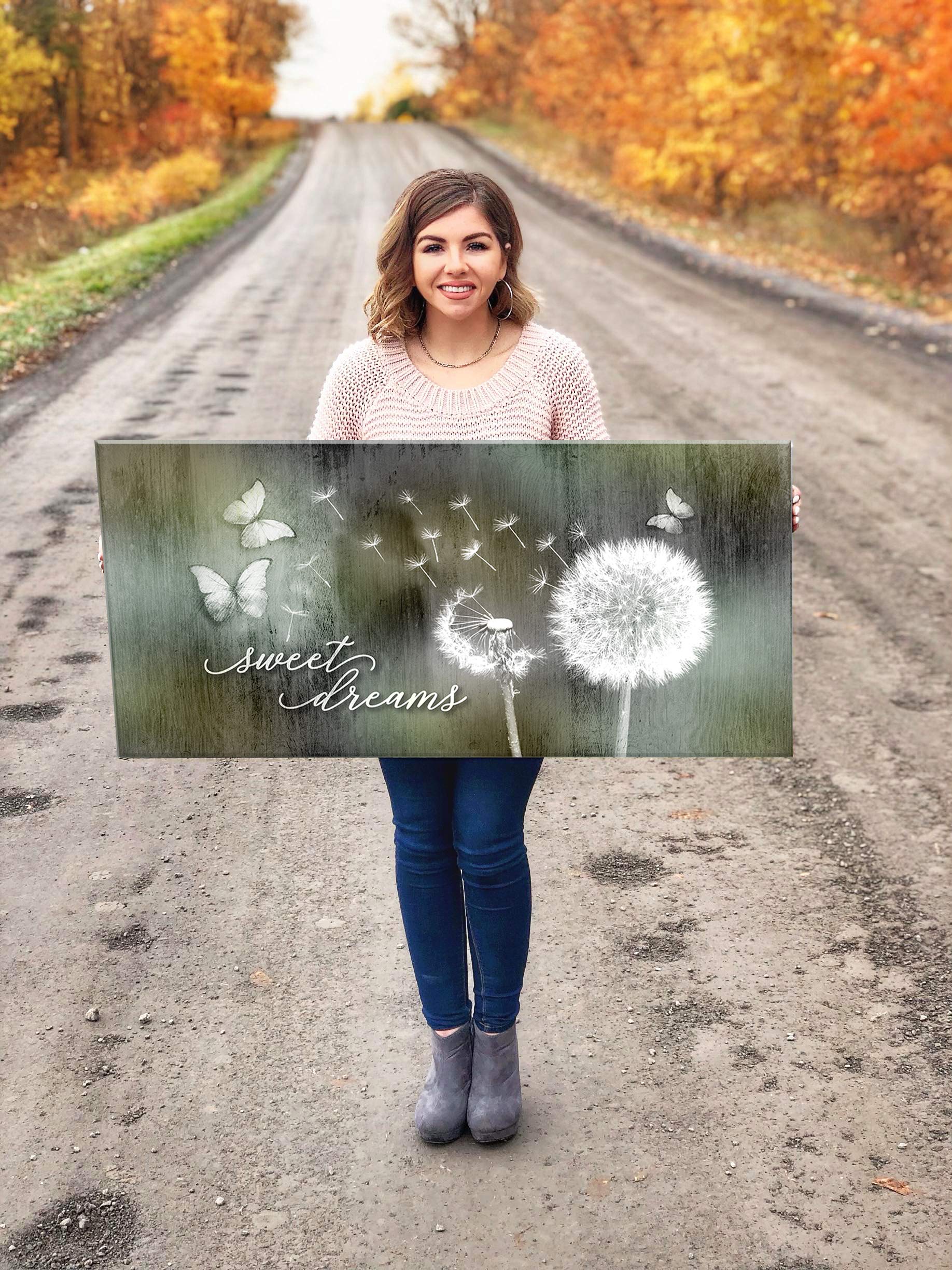 Sweet Dreams Dandelion Wall Art - Large 42x19 Inch Bohemian Bedroom Decor - Green & Brown Canvas Painting for Master Bedroom, Above Bed Wall Decor - Perfect for Nursery, Living Room & Home Office