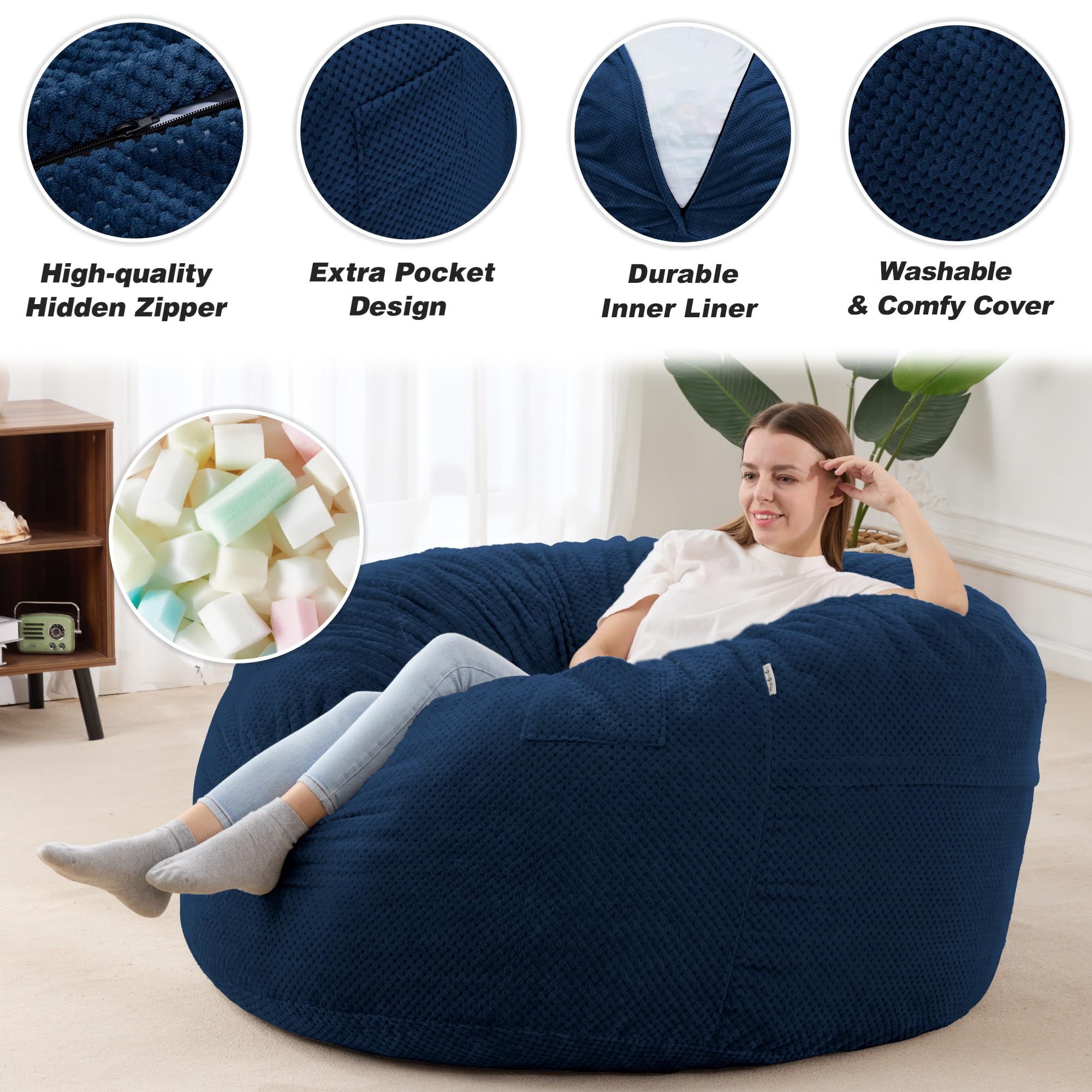 HABUTWAY Giant Bean Bag Chair with Washable Chenille Cover - Ultra Soft Convertible Bean Bag from Chair to Mattress - Huge Chenille Bean Bags for Adults, Couples & Family (Royal Full) - Perfect for Living Room, Bedroom, Game Room & Dorm Relaxation
