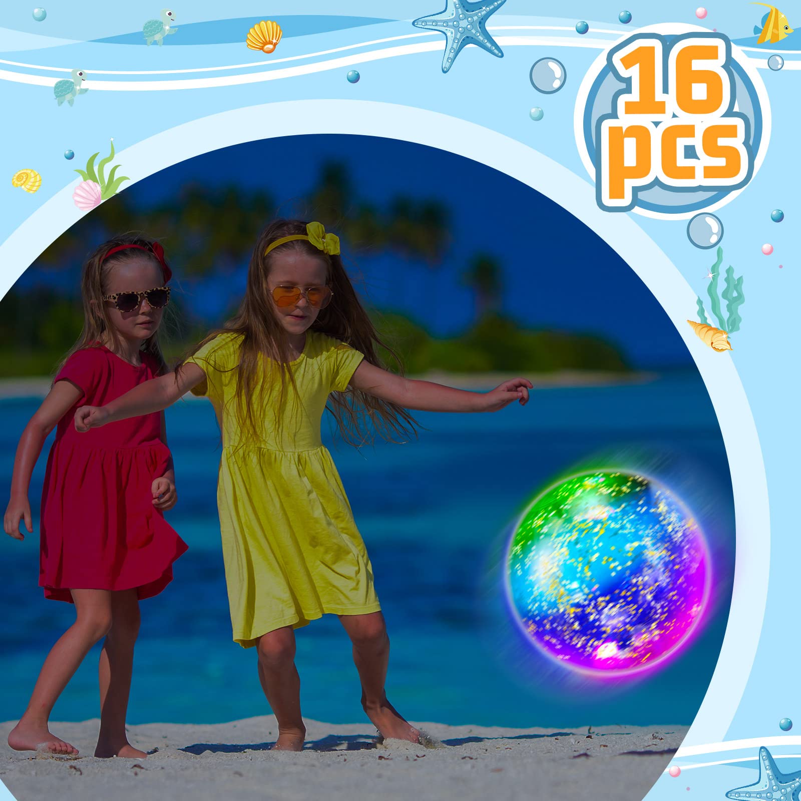 16 Pack LED Light Up Beach Balls - 9 Inch Glow in The Dark Pool Toys with Confetti Glitters for Summer Parties, Beach Games & Night Pool Fun - Bulk Inflatable Party Favors for Teens & Adults (Yellow)
