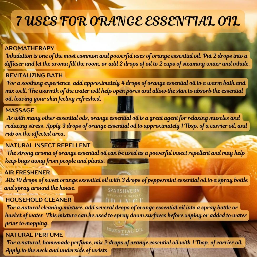 Sparshveda 100% Pure Organic Orange Essential Oil – Steam Distilled, Therapeutic Grade, Natural Citrus Oil for Aromatherapy, Diffuser, Skin & Hair Care (30ml) – Perfect for Relaxation, Massage & DIY Beauty Products