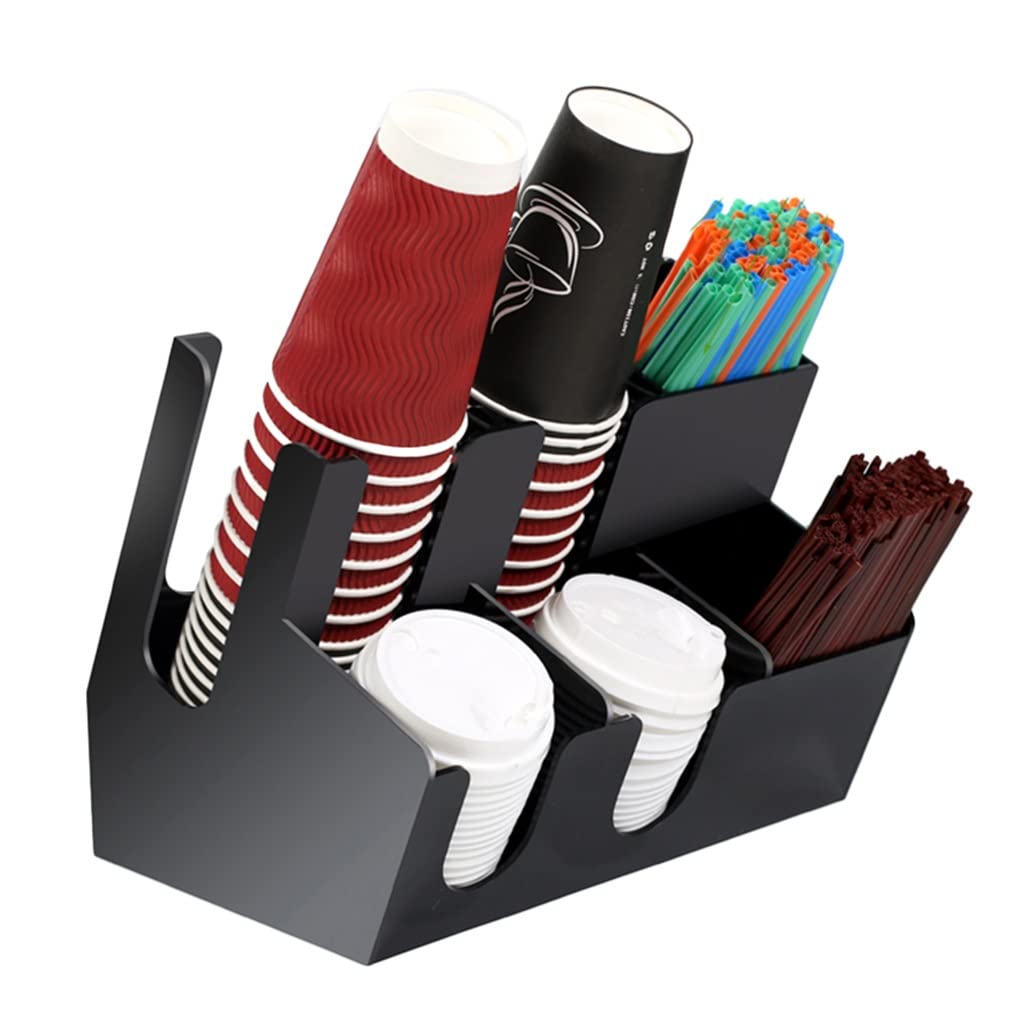 Acrylic Coffee Bar Organizer with 4/6/8 Compartments - Disposable Cup & Lid Holder, Straw Dispenser for Coffee Shops (Black, 31.5x23.5x25.5cm) - Perfect for Cafes, Restaurants, and Office Break Rooms