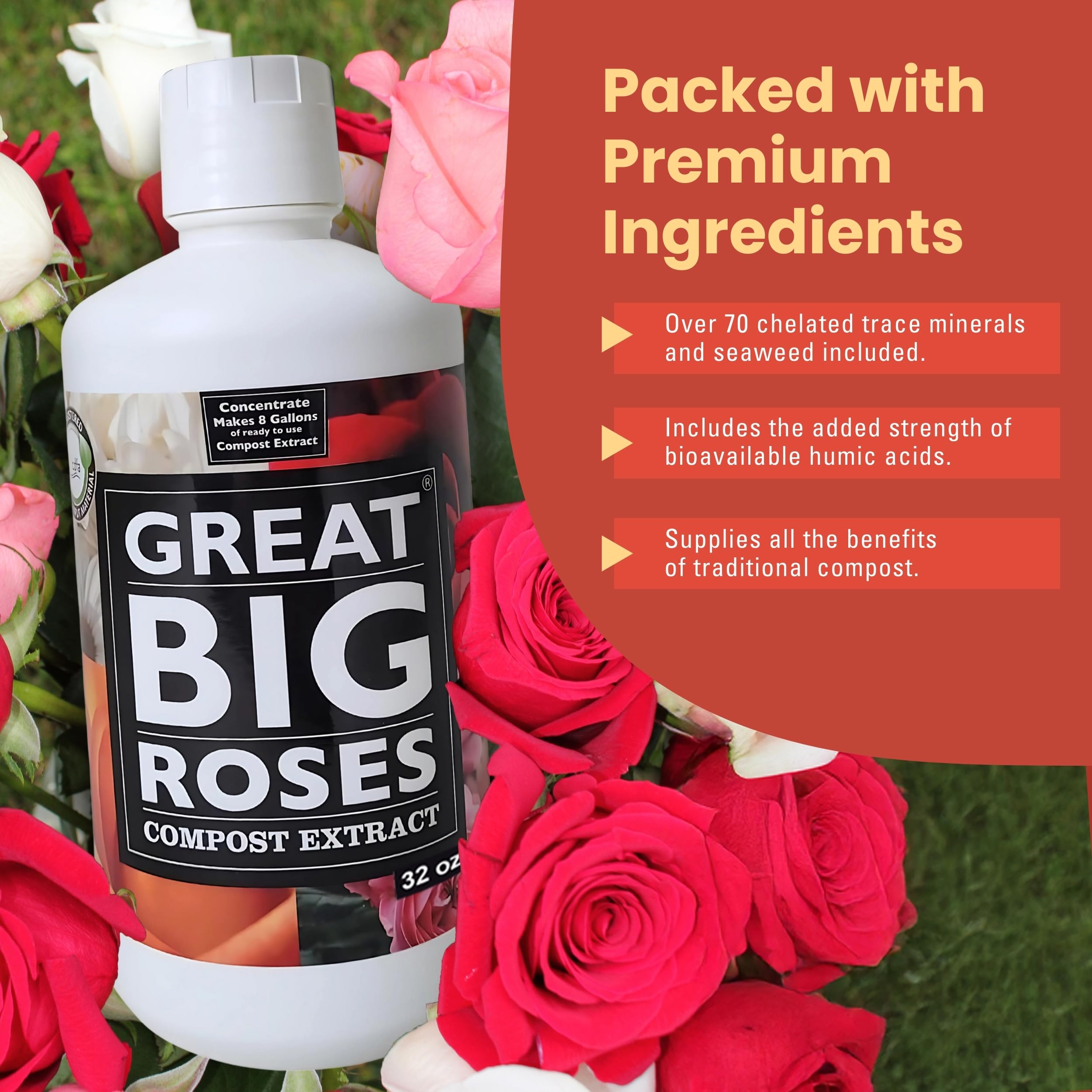 Premium Rose Fertilizer & Soil Booster - Organic Compost Extract for Lush Roses & Flowers, 32oz Concentrate (Makes 8 Gallons) - Ideal for Rose Bushes, Garden Beds & Container Gardening