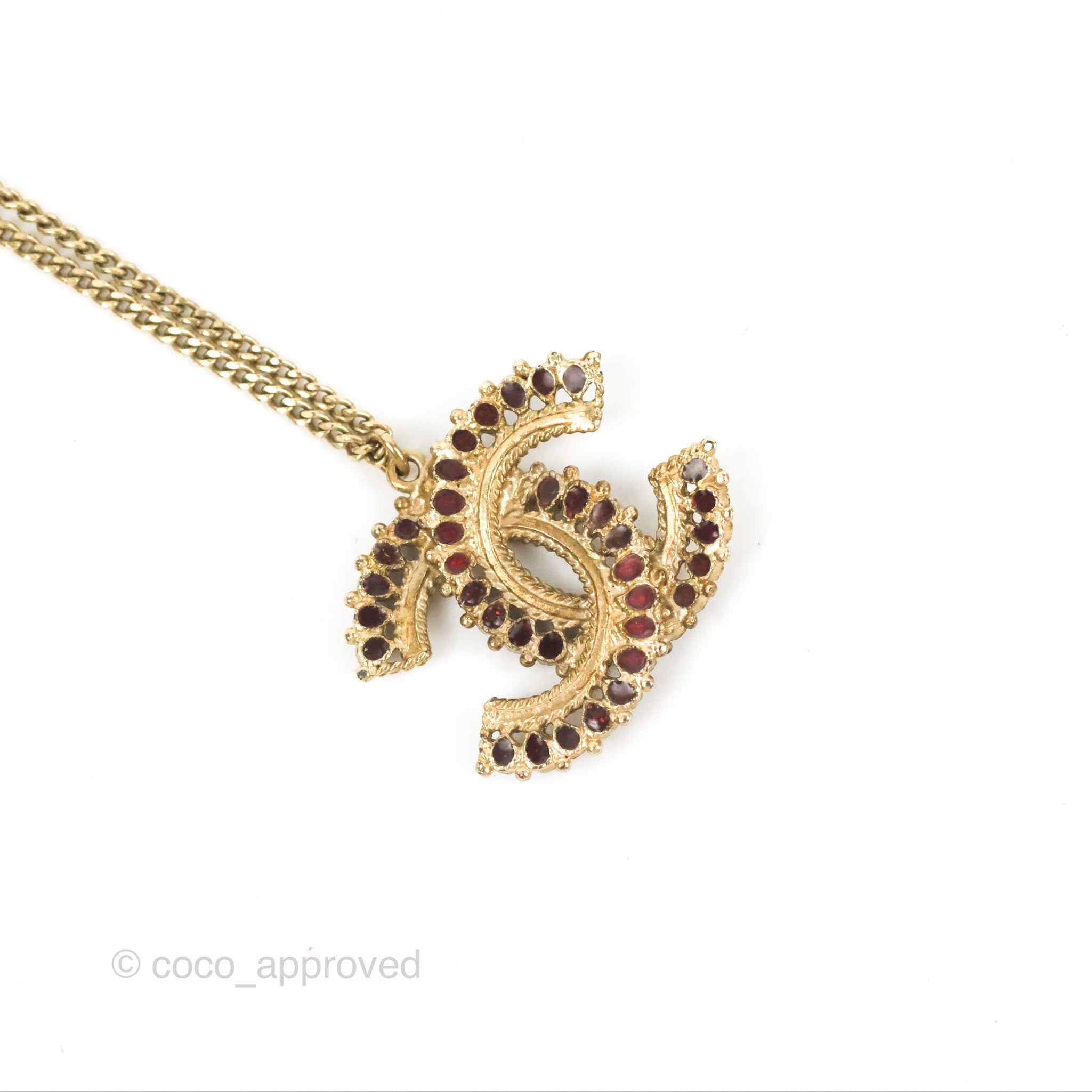 Chanel CC Logo Dark Red Resin Pendant Necklace in Gold Tone - Perfect for Evening Parties, Date Nights & Luxury Fashion Accessories