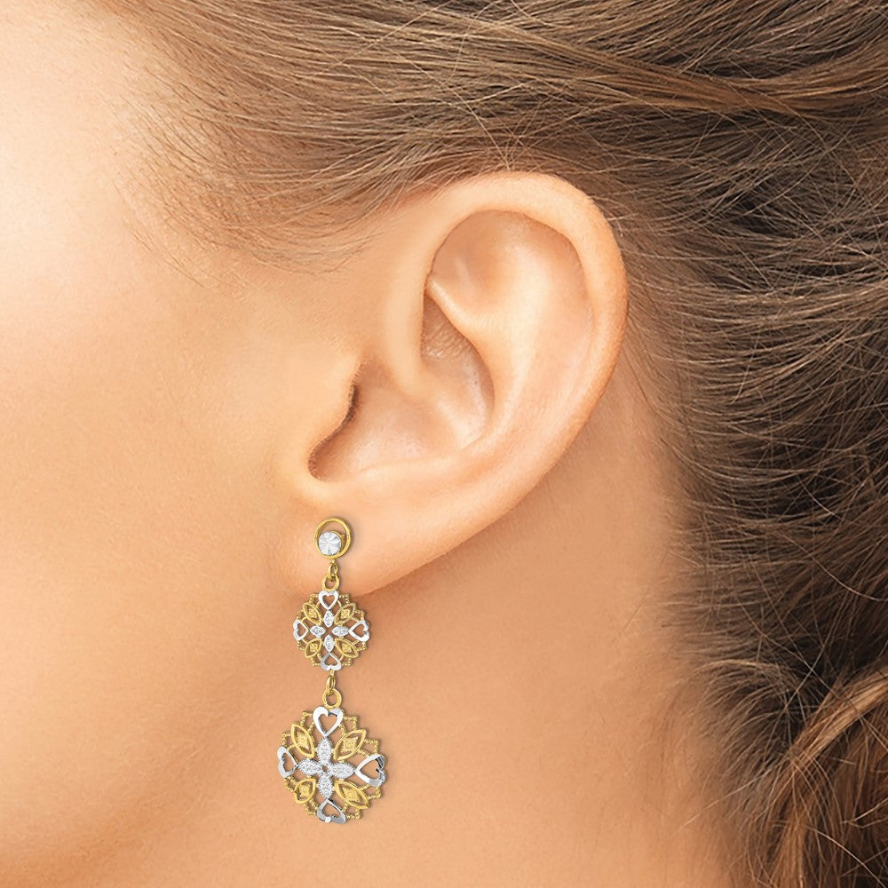 Gold Diamond Cut Flower and Heart Dangle Earrings TE918 - Elegant Women's Jewelry for Parties, Weddings & Special Occasions