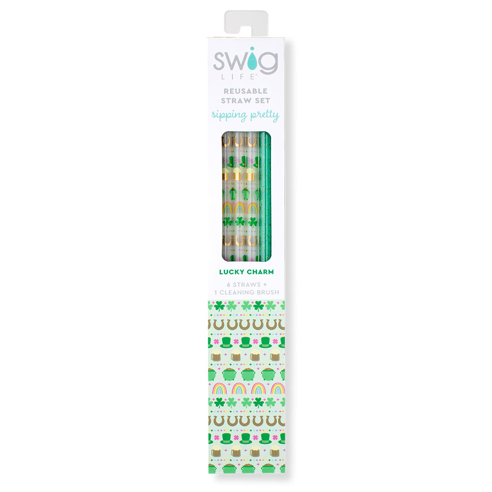 Eco-Friendly Lucky Charm Green Glitter Reusable Straw Set - 12 Pack Stainless Steel Drinking Straws for Smoothies, Cocktails & Iced Coffee | Perfect for Parties, Home & Travel