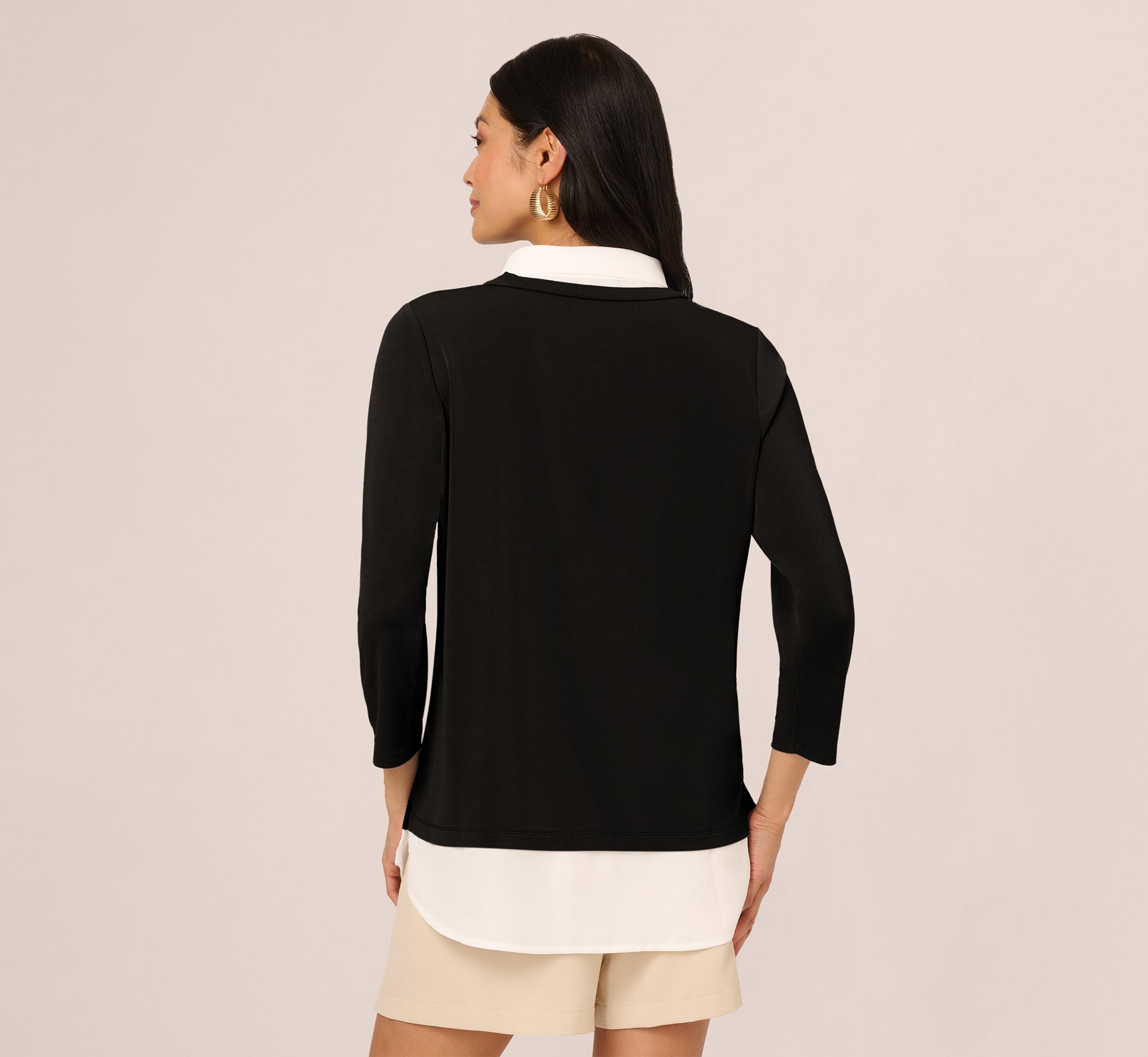 Stylish Black & Ivory Three-Quarter Sleeve Collared Twofer Sweater for Women | Perfect for Office Wear & Casual Outfits | Fall & Winter Fashion