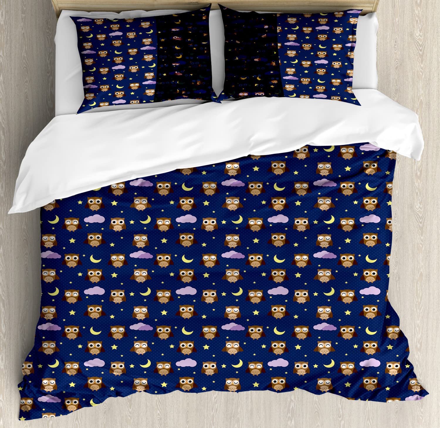 Ambesonne Cartoon Owl Duvet Cover Set - Starry Night Moon Animal Print Bedding, 2 Pack King Size with 2 Duvet Covers & 4 Pillowcases, Indigo & Multicolor - Perfect for Kids' Rooms, Guest Bedrooms & Cozy Bedroom Decor