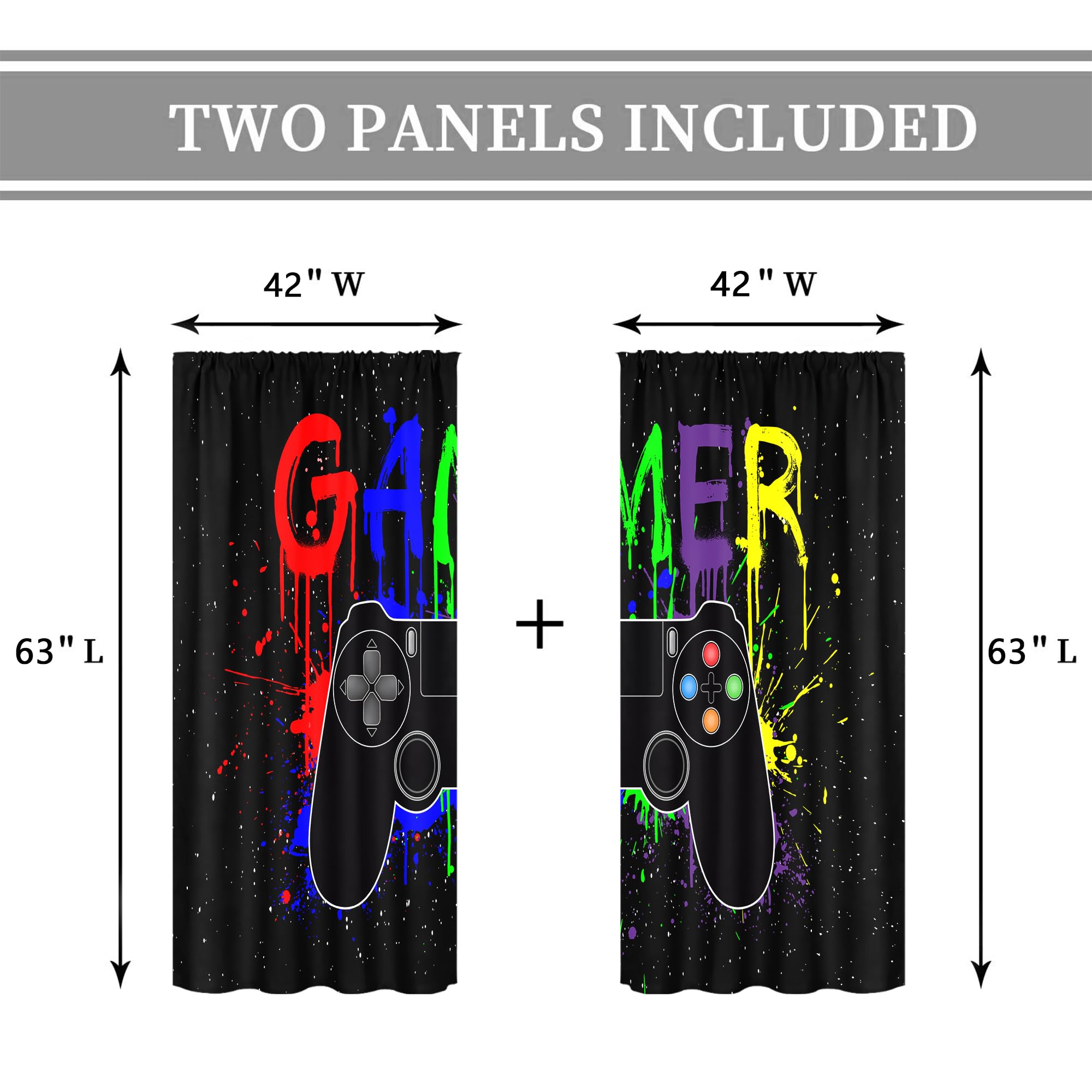 Cinbloo Kids Gamer Curtains 42x63 Inches - Rod Pocket Blackout Curtains for Bedroom & Gaming Room Decor | Cool Video Game Art Design | Boys Teens Men Room | Perfect for Living Room, Dorm & Game Themed Spaces