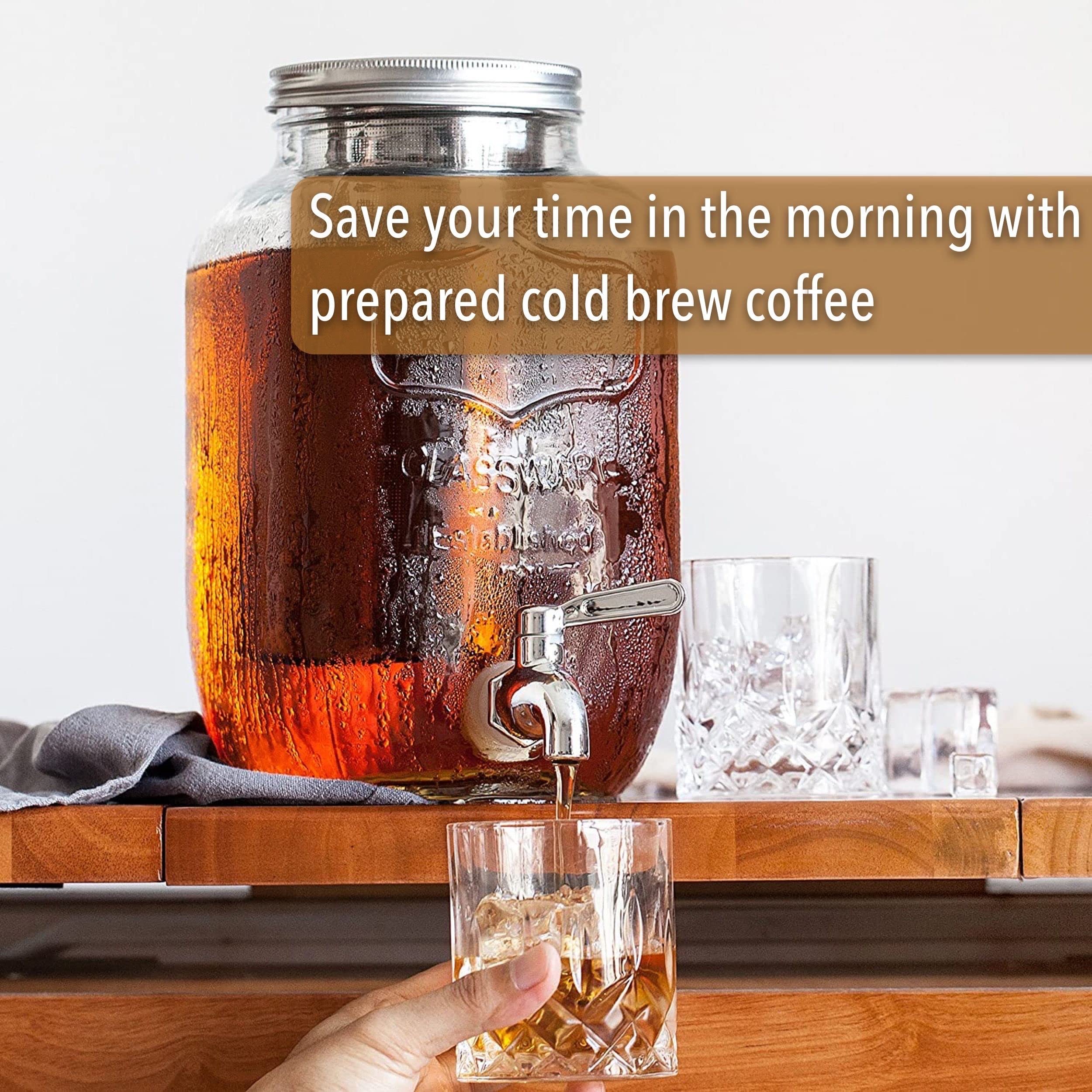 BTaT- 1 Gallon Cold Brew Coffee Maker & Iced Tea Maker - Glass Mason Jar Beverage Dispenser with Spigot - Perfect for Home, Office, and Outdoor Use