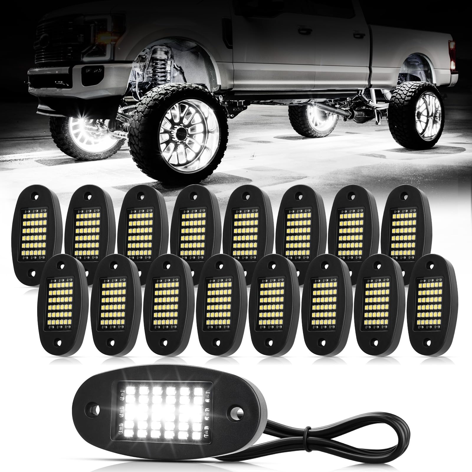 16 Pods White Rock Lights 6000K Pure White 36 LEDs SMD Chips Super Bright Neon Underglow Light IP68 Waterproof - for Pickup Trucks, SUV, UTV, ATV, RZR, Cars & Boats - Perfect for Off-Roading, Night Driving & Vehicle Customization (White)