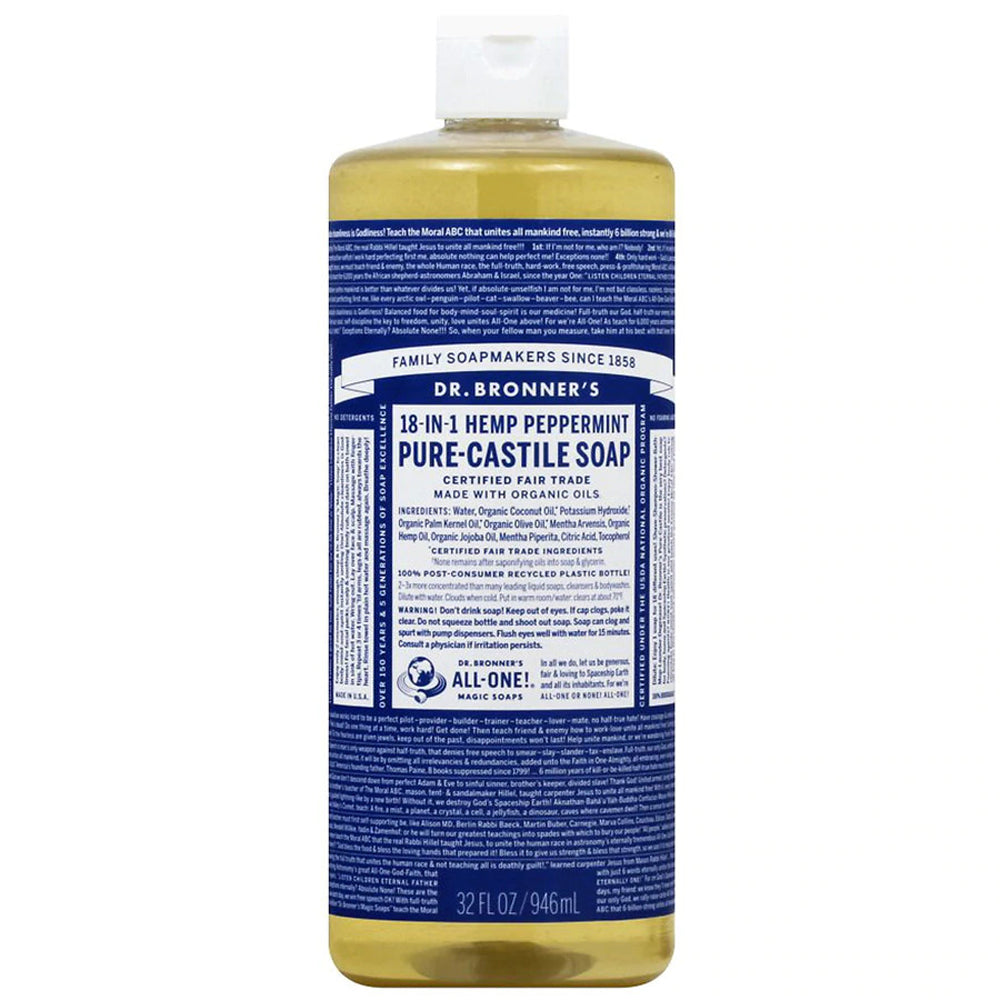 Dr. Bronner's Organic Peppermint Pure Castile Liquid Soap - 32oz (1 Quart) Bottle - All-Natural, Vegan, Multipurpose Soap for Body, Face, Hair & Household Cleaning - Great for Shower, Bath & Travel