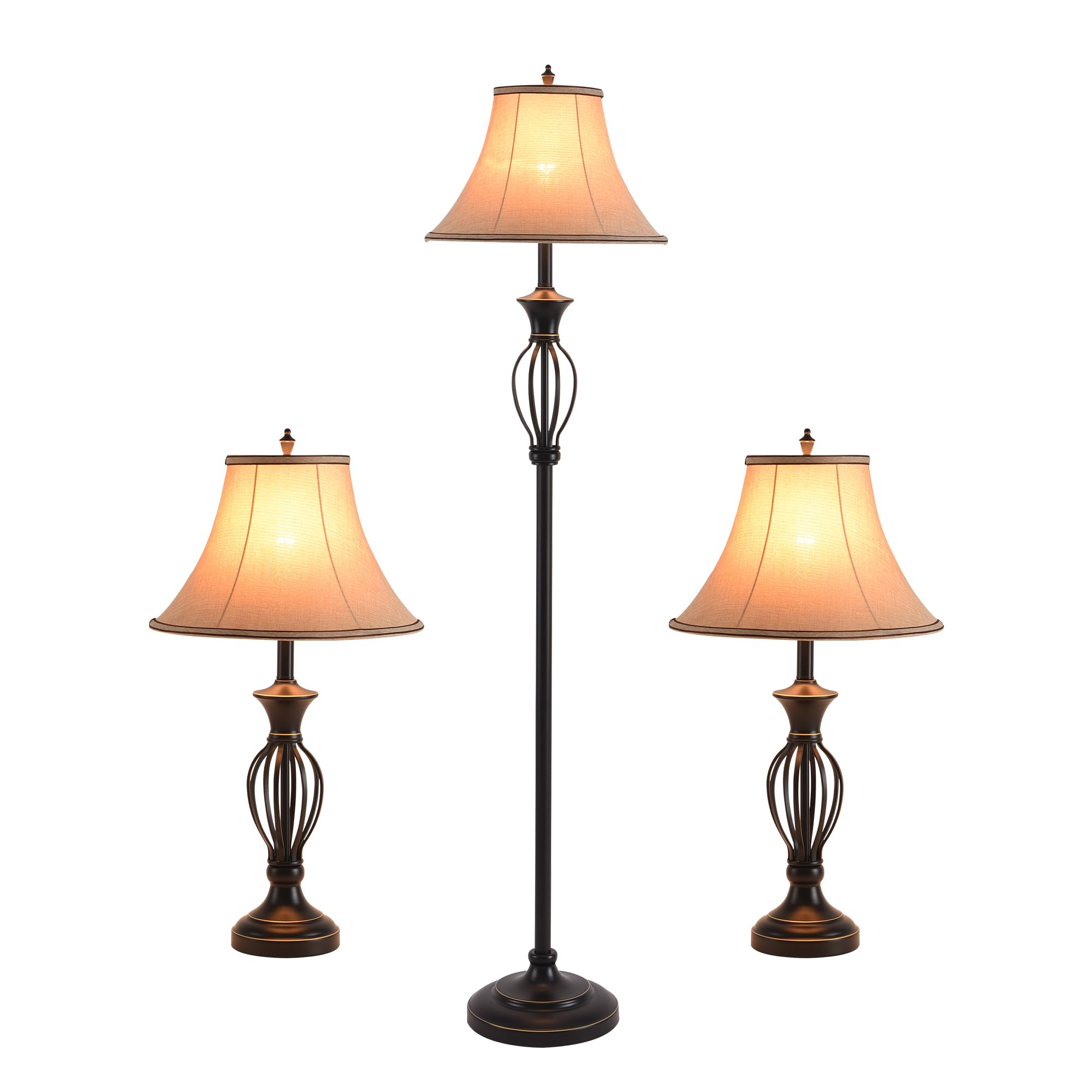 3 Pack Vintage Bronze Floor & Table Lamp Set - 2 Table Lamps & 1 Floor Lamp with Brown Fabric Shades (26