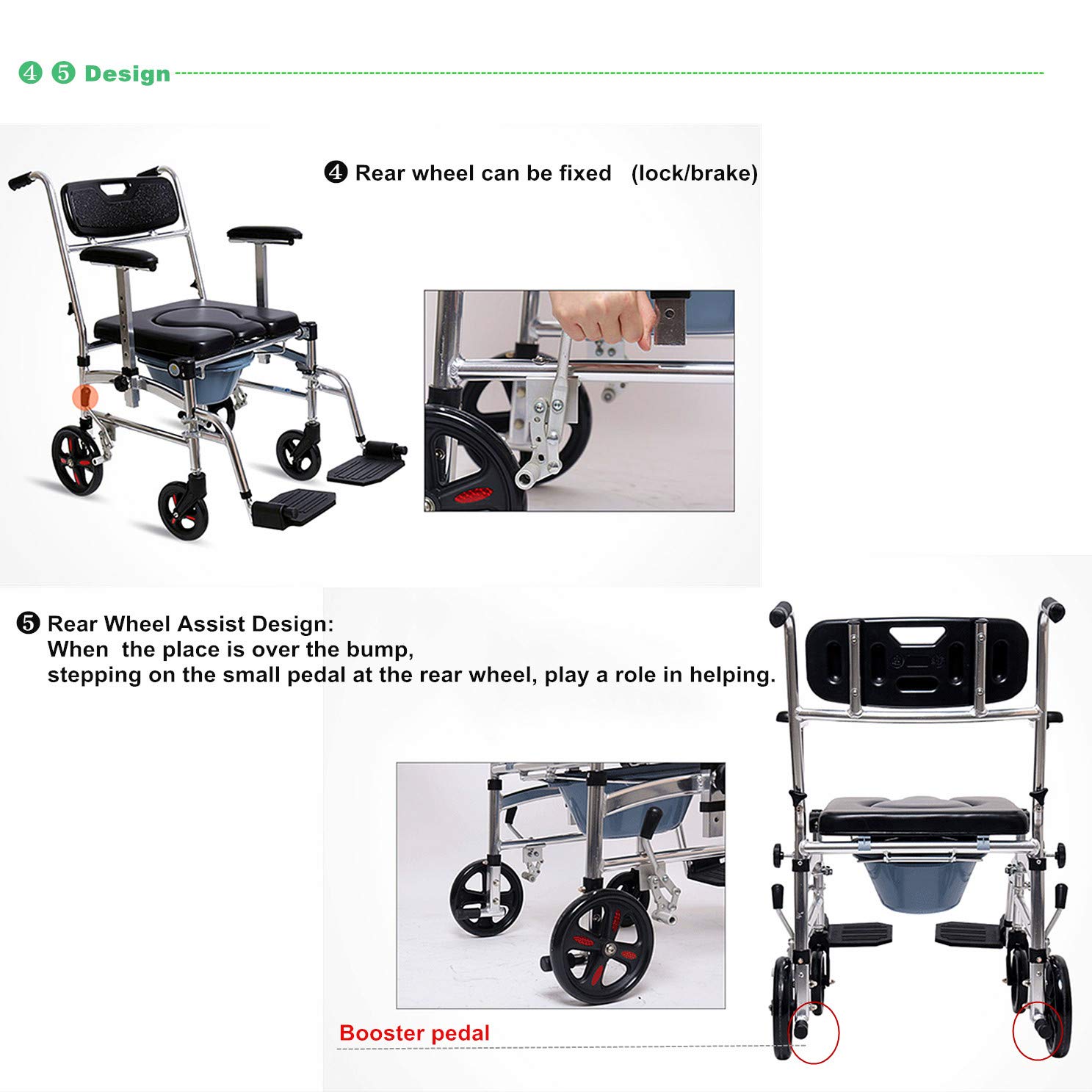 4 in 1 Adjustable Height Bedside Commode Wheelchair with Padded Seat & Detachable Bucket - Portable Toilet Shower Chair for Elderly & Disabled - Ideal for Home Care, Hospital Use & Bathroom Safety (B-Style)