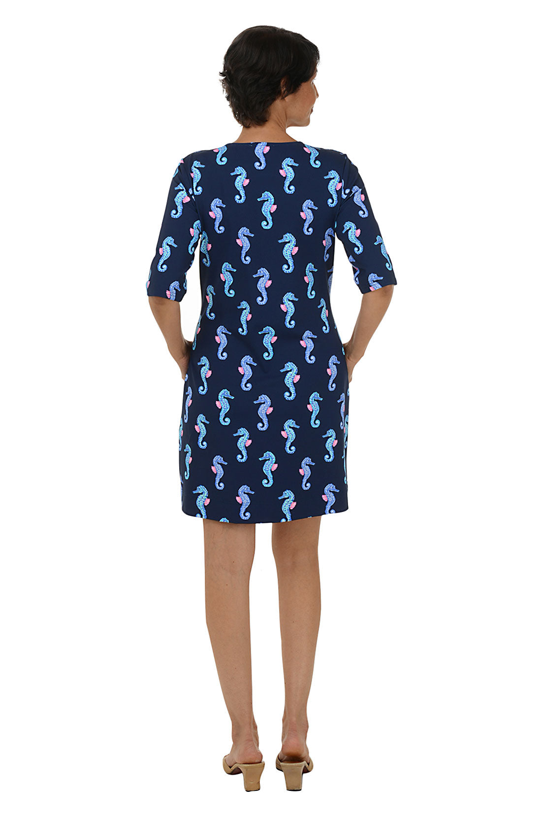 Navy Blue Seahorses Print V-Neck UPF 50+ Sun Protection Dress for Women - Perfect for Beach, Pool, and Summer Outdoor Activities