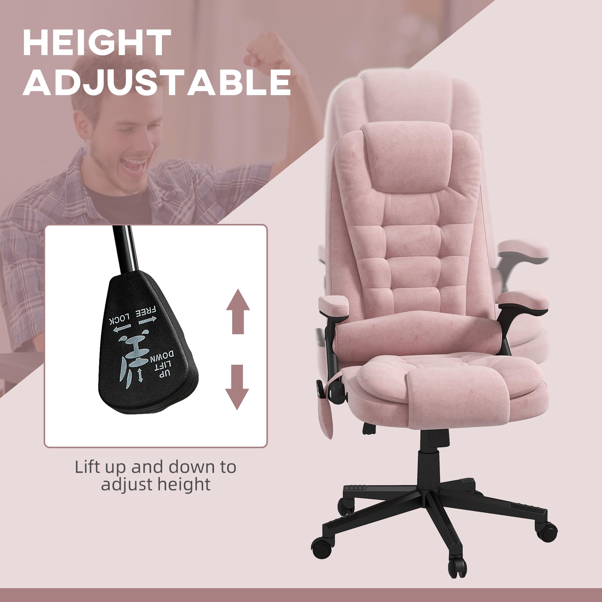 HOMCOM 6-Point Vibrating Massage Office Chair with Heat - Velvet High Back Executive Chair, Reclining Backrest & Padded Armrests - Remote Control - Pink - Perfect for Home Office, Gaming & Relaxation