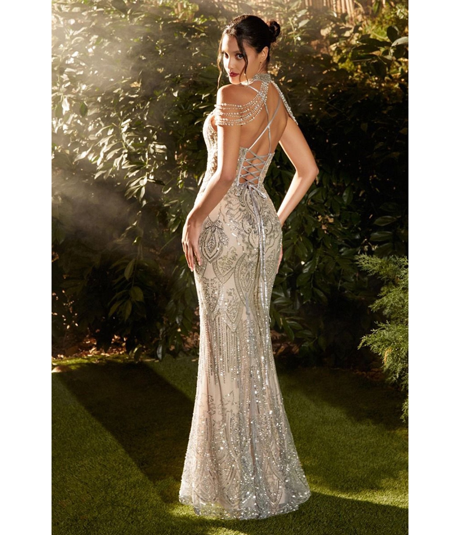 Ladivine by Cinderella Divine Silver Crystal Evening Gown with Detachable Choker - Elegant Prom Dress, Formal Gala, Wedding Guest & Special Occasion Outfit